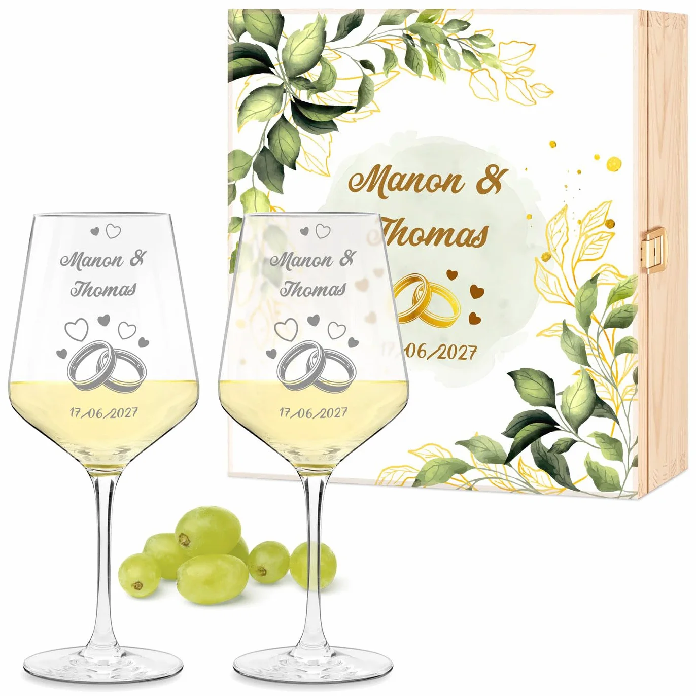Maverton Cadeau Mariage Personnalisé - 2 Verres à Vin 490 ml avec Gravure pour Elle et Lui et Coffret en Bois - Cadeau Personnalisé pour Couples - Noel - Verre Couple Jeunes Mariés