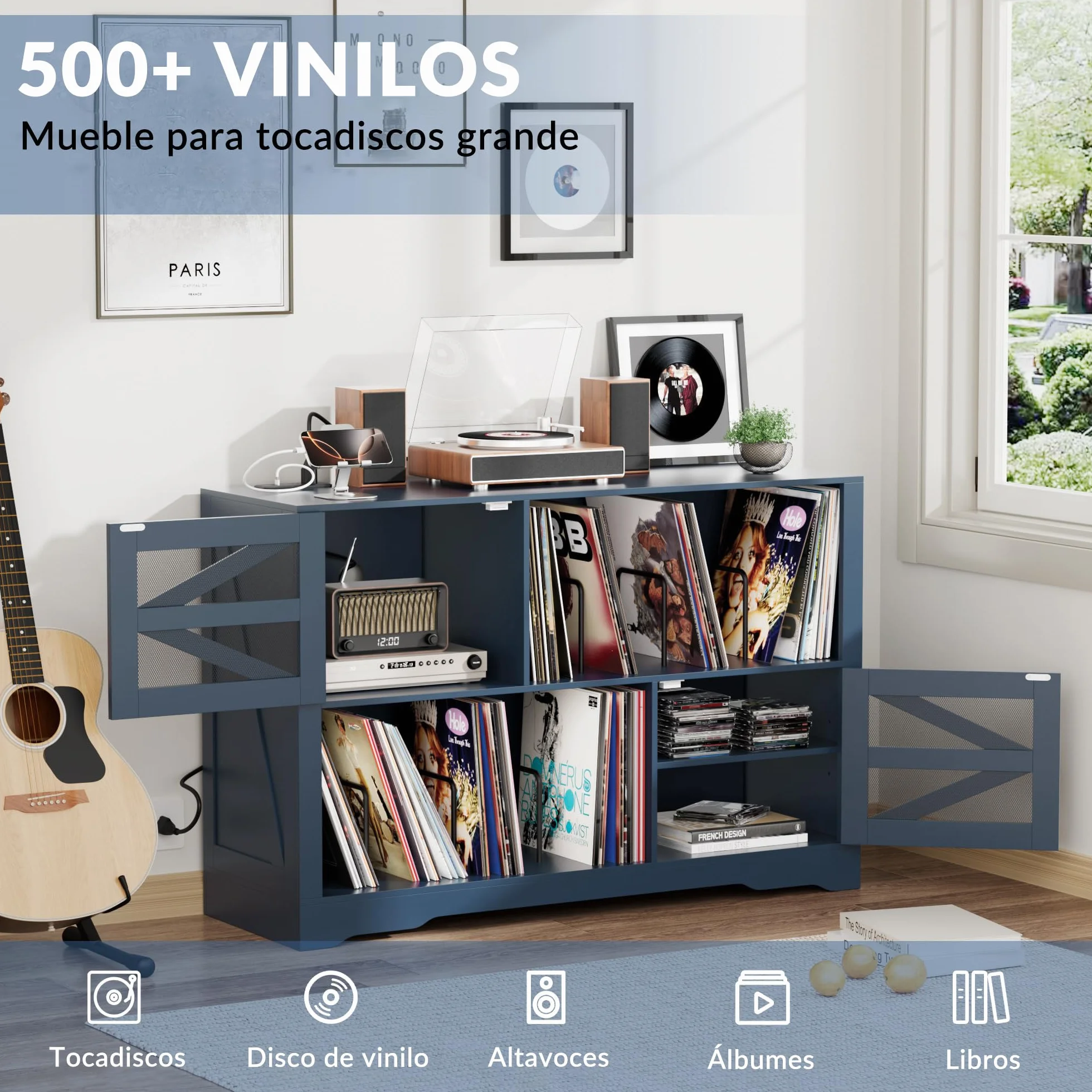 MDF Meuble pour disques vinyles avec finition noyer, support pour 500 vinyles, 2 prises et 2 USB, anti-retournement, meuble compact pour salon et tourne-disques, couleur bleue (120 x 40 x 80 cm