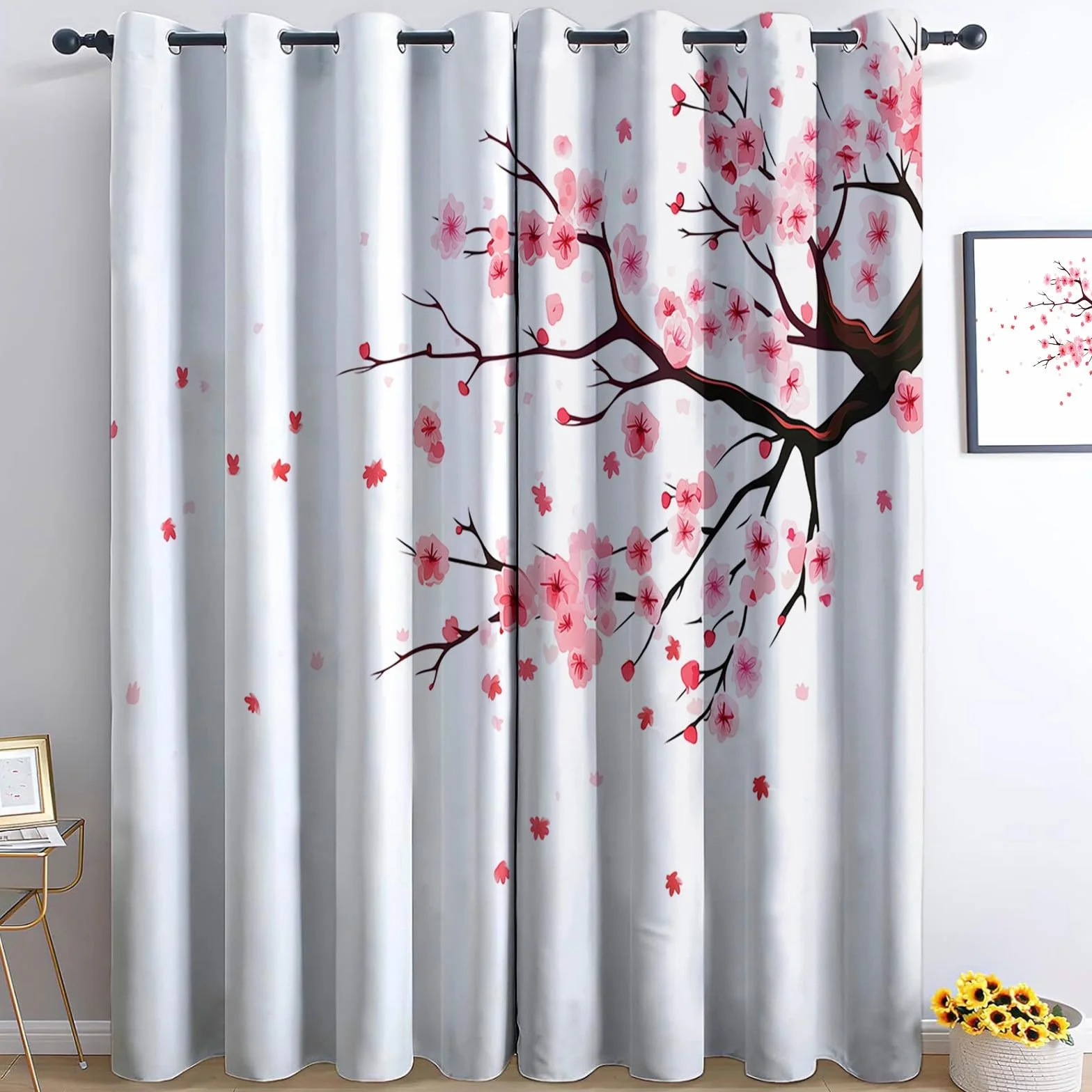 Rideaux Opaques 70L x 240H cm 2 Panneaux Design Fleurs de Cerisier Isolante Anti-Chaleur Blanc Rose