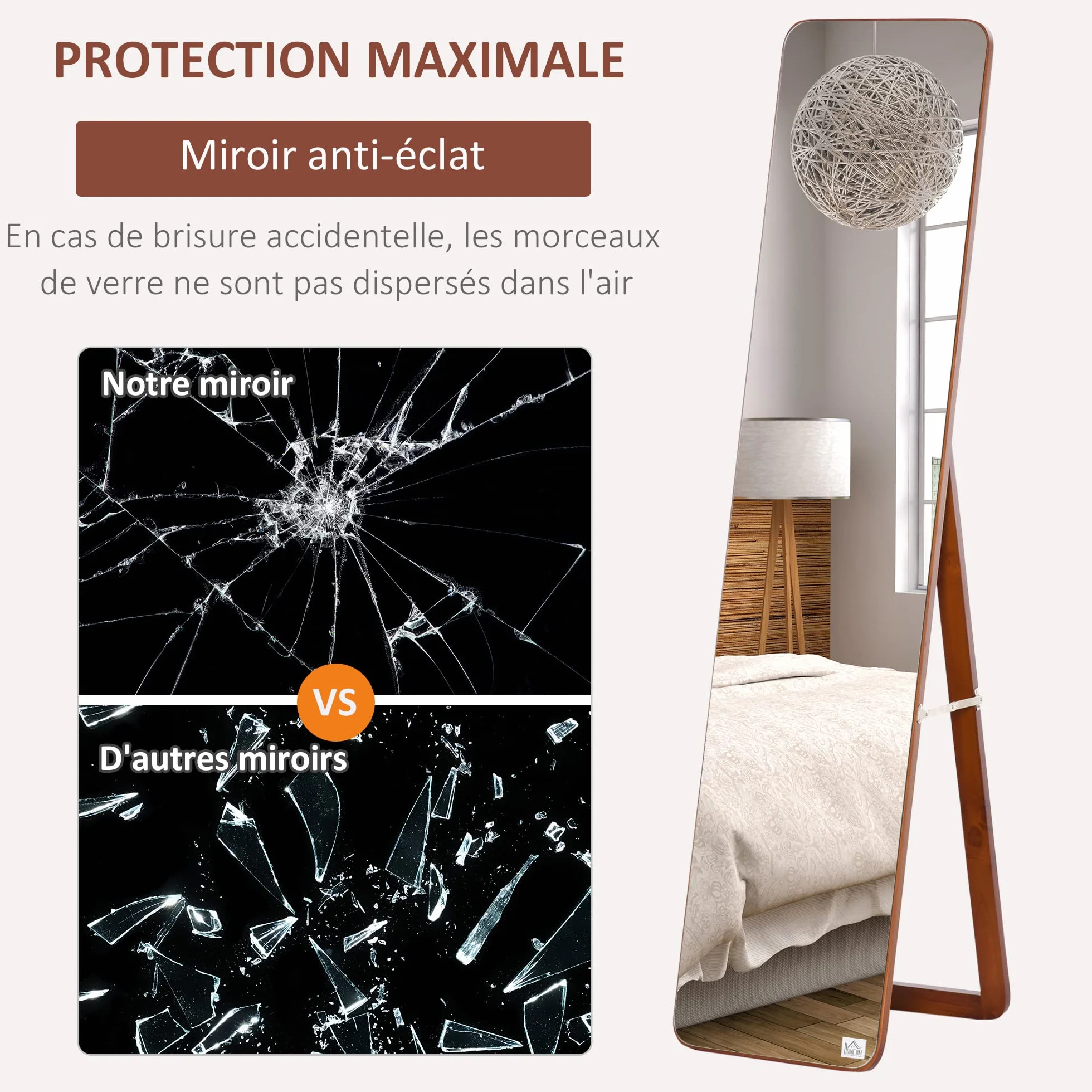HOMCOM Grand Miroir Pleine Longueur rectangulaire 37 x 160 cm sur Pied ou Mural Noyer Clair