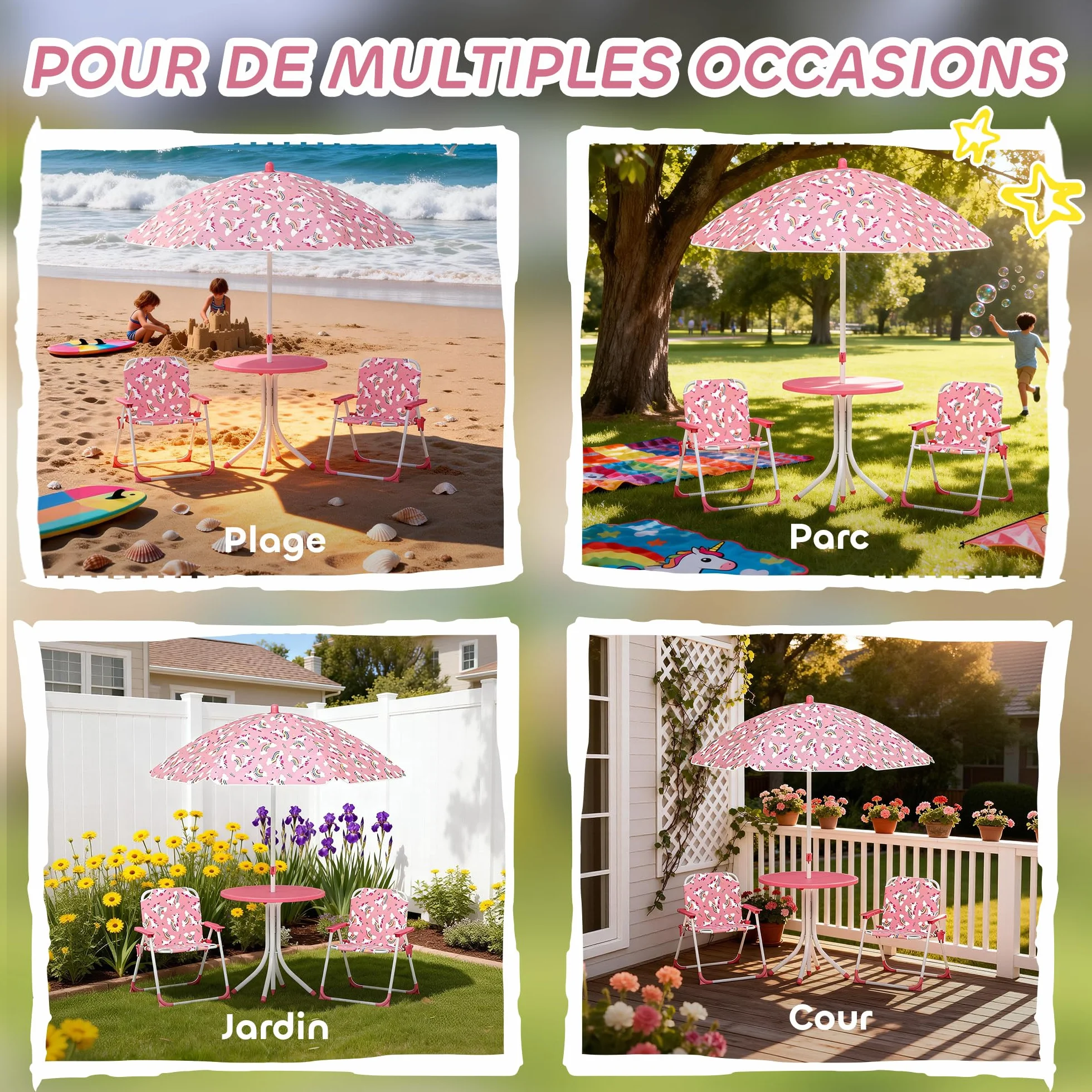 AIYAPLAY Ensemble Salon de Jardin Enfant Table avec Chaise 4 Pièces Motif Éléphant Girafe Parasol Réglable Ø 100 cm Pliable Rose