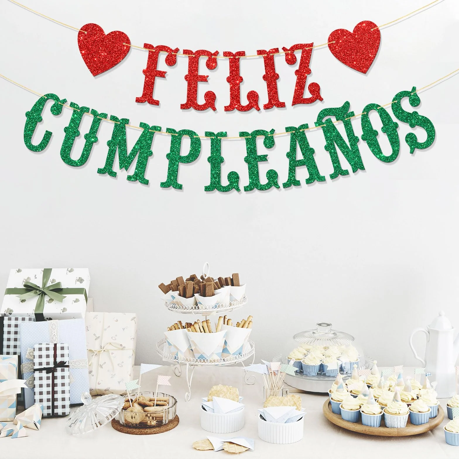 Feliz Cumpleaños Bannière Guirlande espagnole Happy Birthday Décorations fête anniversaire Rouge vert pailleté
