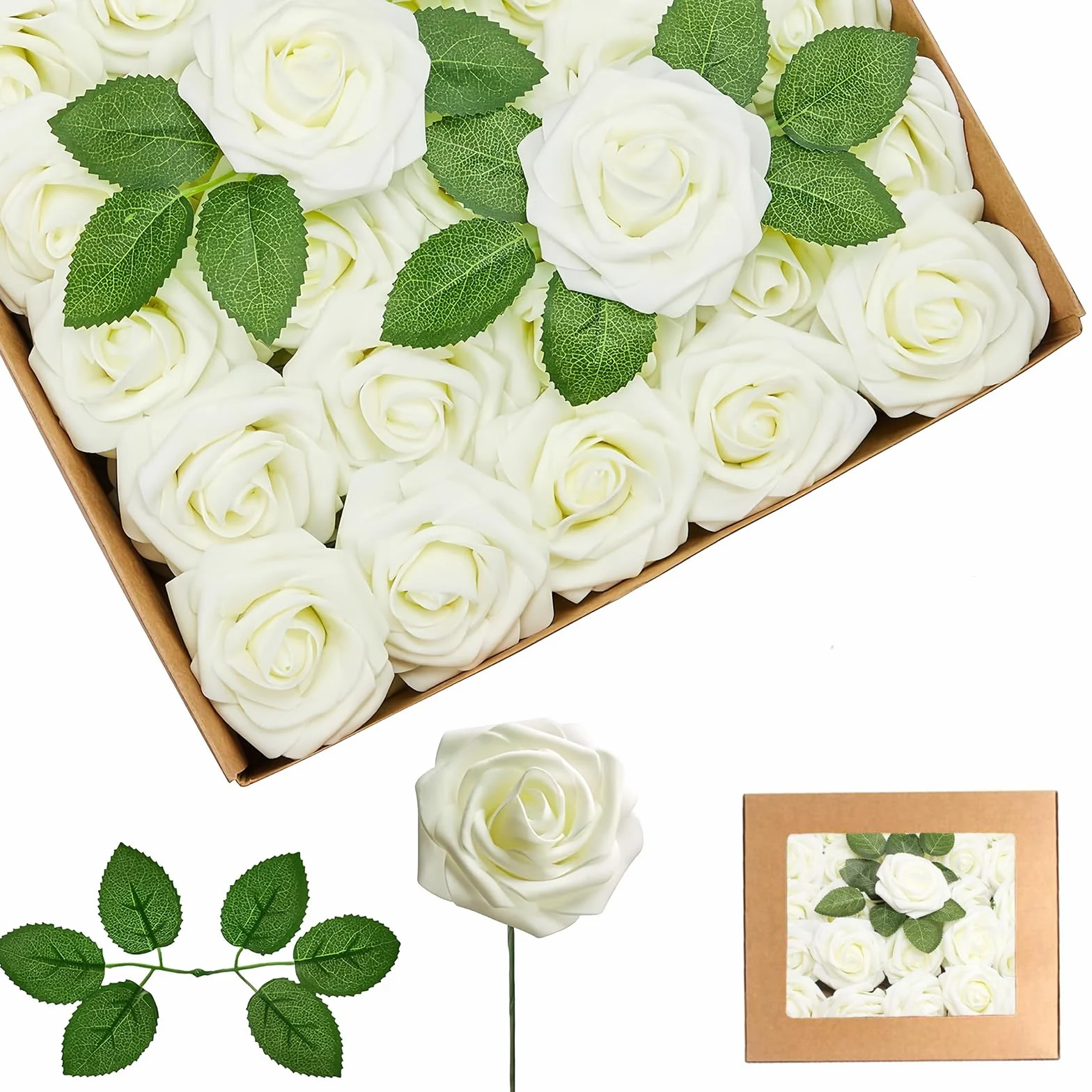 Roses Artificielles Blanches 25Pcs Faux Roses Avec Tiges Mousse pour Décoration Mariage