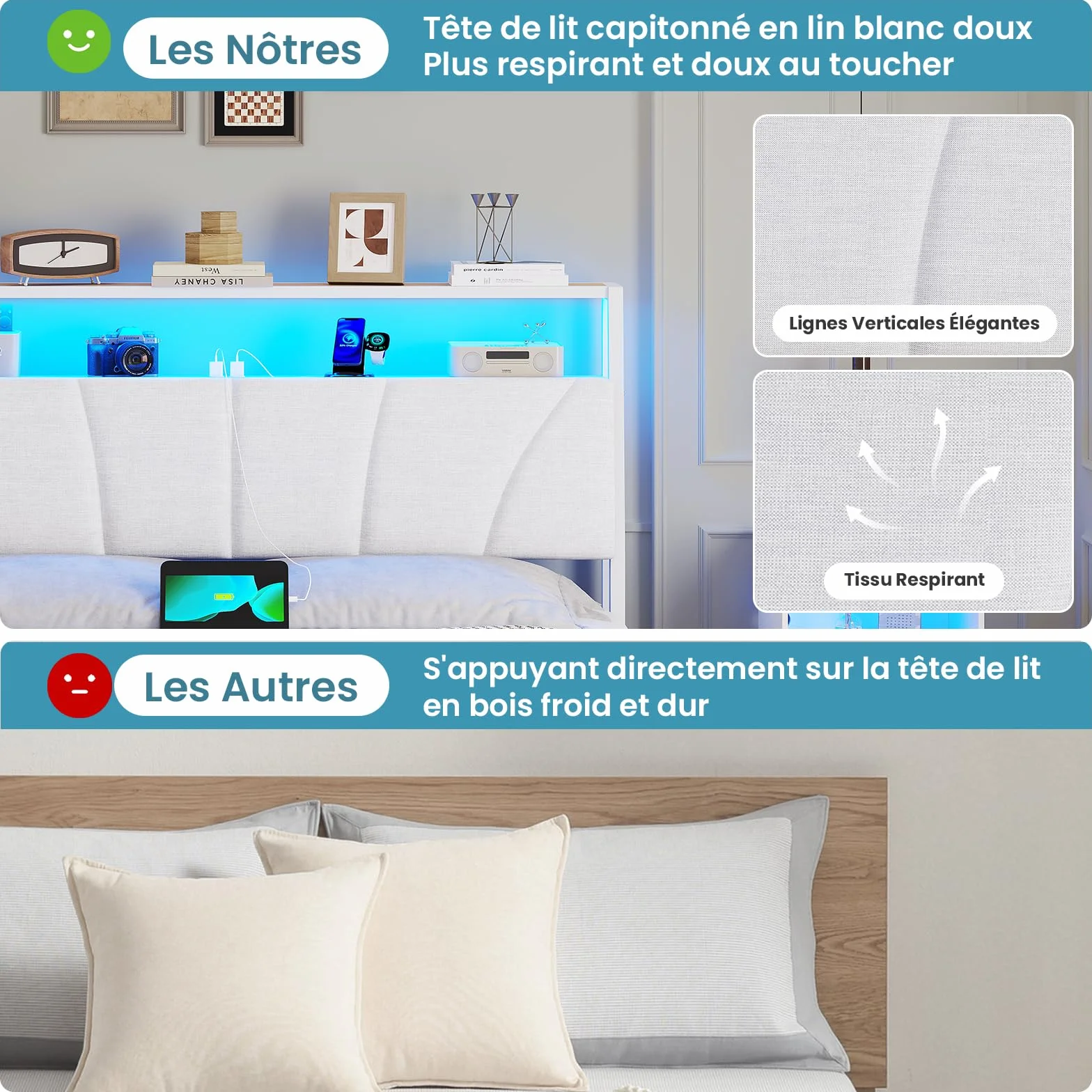 Brinlawb Cadre de Lit 140 x 190 avec Sommier en Métal, Lit 2 Personnes avec Lumières LED et Multiprise (2 Prises AC,2 Ports USB) lit Double 140x190cm avec Rangement, Facile à Assembler, Moderne, Blanc
