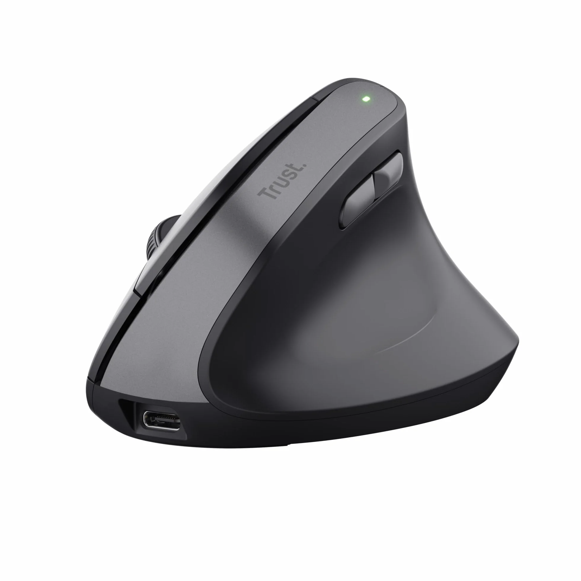 Trust Yuno Ergonomiczna Mysz Bezprzewodowa z Akumulatorem, Myszka Pionowa z Odbiornikiem USB 2.4GHz, Regulowane DPI 800-2400, Sensor Optyczny, 6 Przycisków, 70% Plastiku z Recyklingu - Czarny