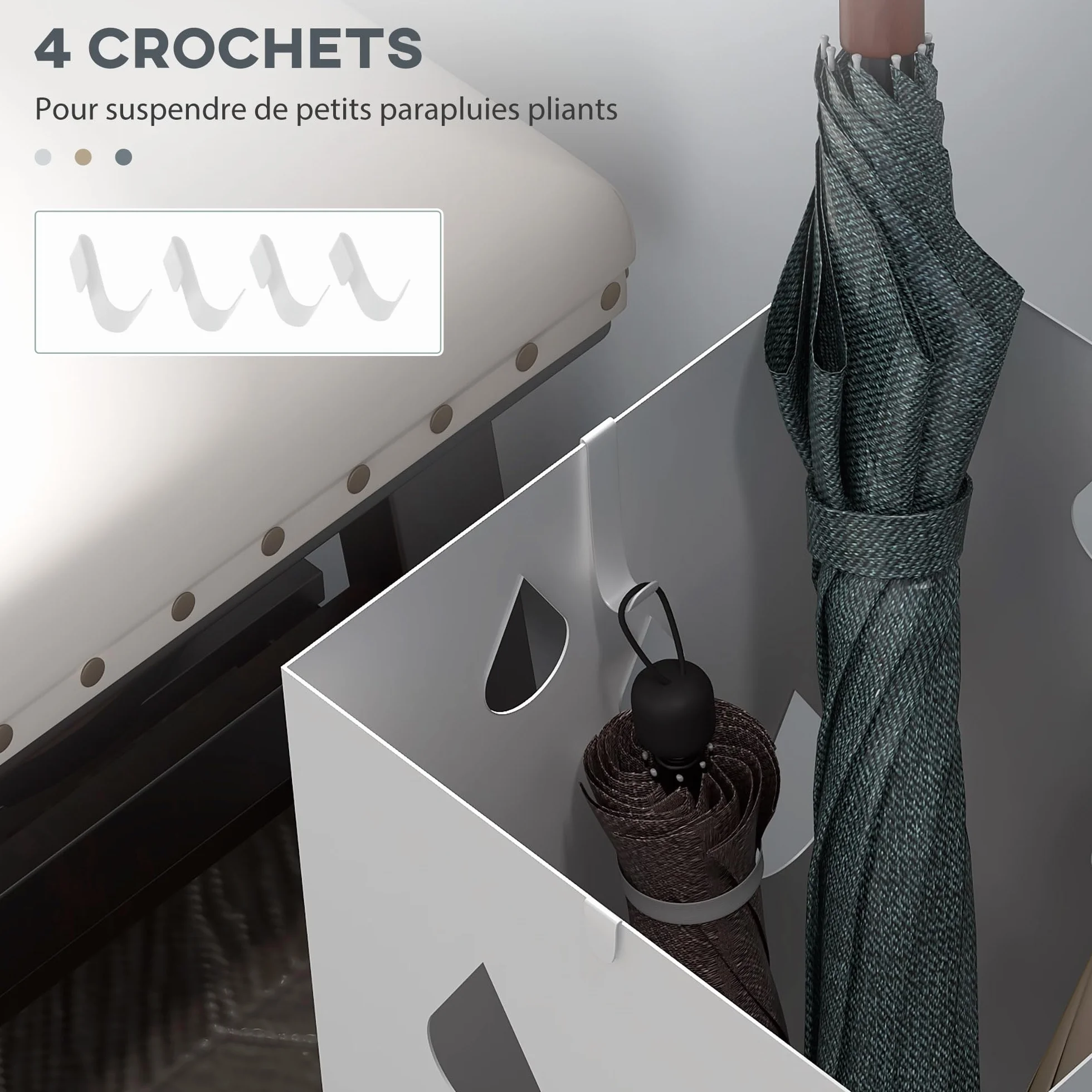 HOMCOM Porte-parapluie en acier carré 4 crochets bac récupération eau amovible 15,5x15,5x41 cm blanc
