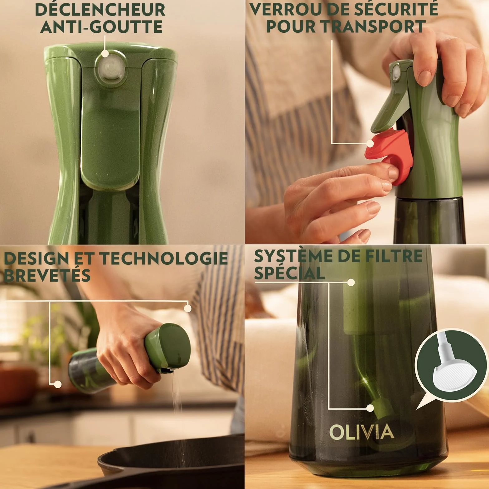 FLAIROSOL OLIVIA Vaporisateur d'Huile en Verre 200ml - Technologie de Pulvérisation Continue avec Contrôle des Portions (Vert)