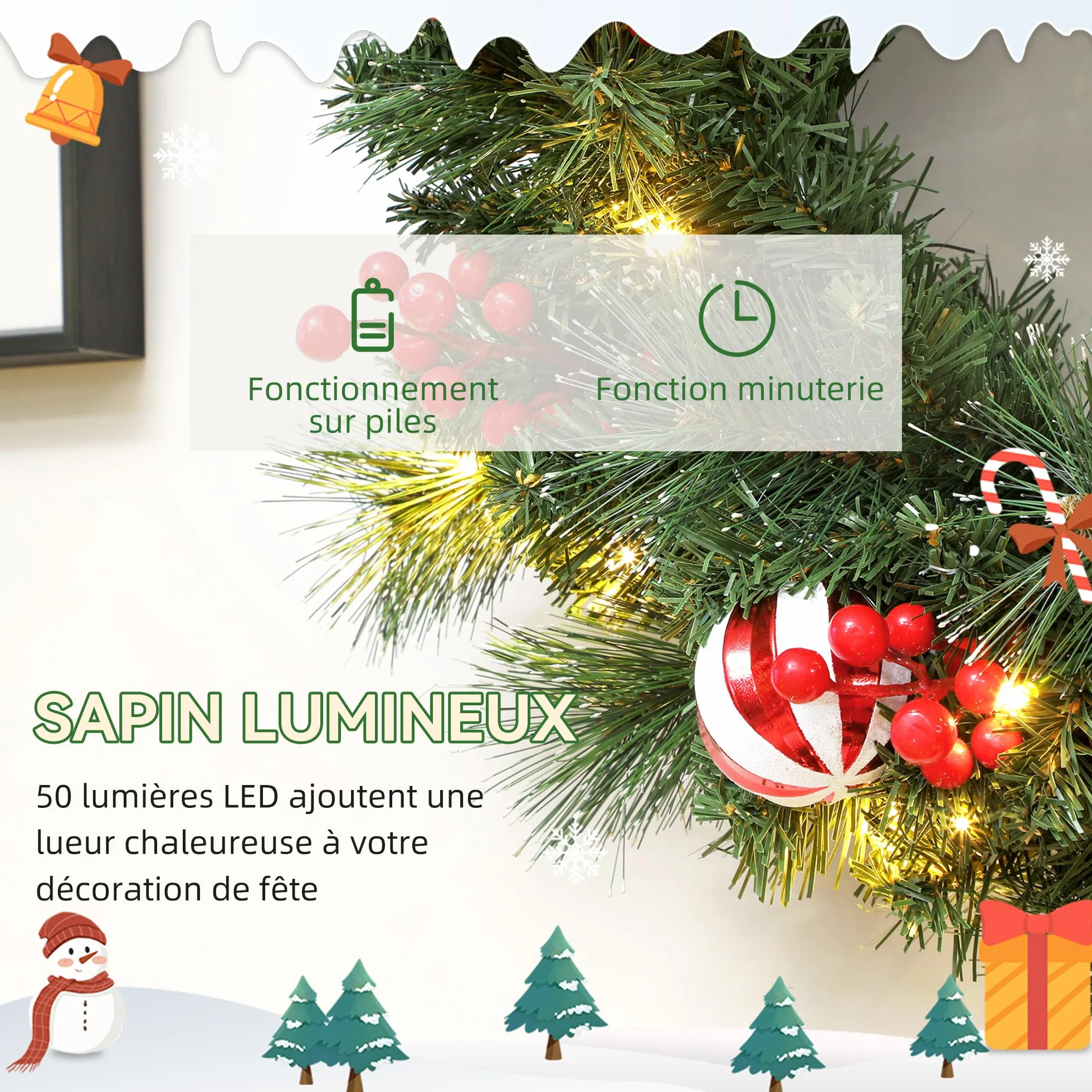 HOMCOM Couronne de Noël Lumineuse 60 cm avec 50 LED Blanc Chaud, minuterie, Couronne de Noël de Porte d'entrée, 146 Pointes, Pommes de pin, Baies, Boules décoratives, pour Porte, Mur, cheminée, Vert