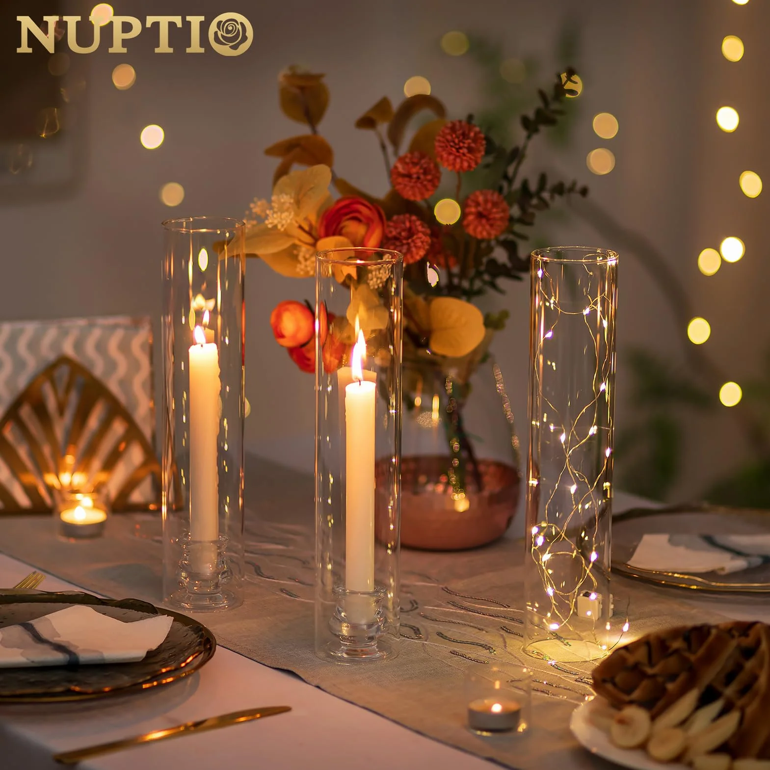 NUPTIO Bougeoirs en Verre Lot de 6 Bougeoirs Transparents de 30cm de Haut - Support de Bougies Coniques avec Couvercle Cylindrique Résistant au Vent pour la Décoration de la Cheminée