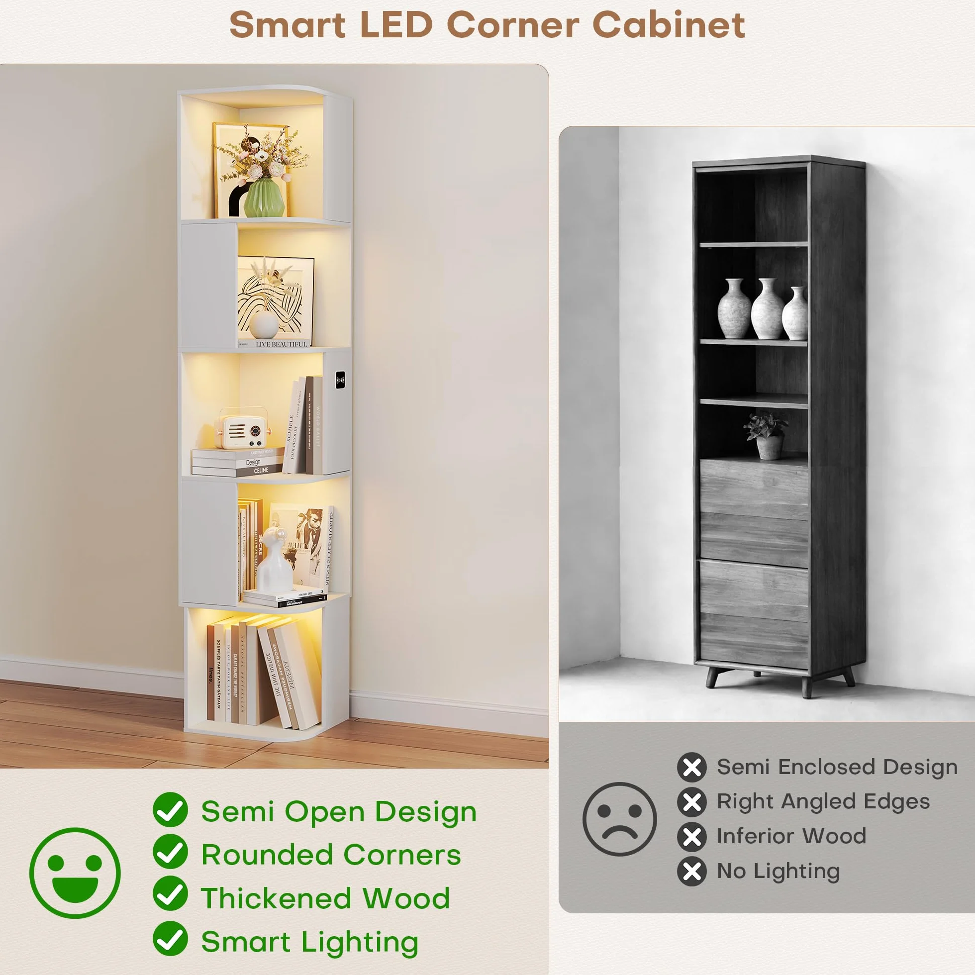 Gurexl 165 CM Vitrine avec Lumières LED 3 Couleurs,Asymétrique Bibliothèque avec étagères à 5 Niveau,Vitrine d'angle avec Capteur Humain pour Salon,Noir pour Salon,Bureau,Chambre,Blanc