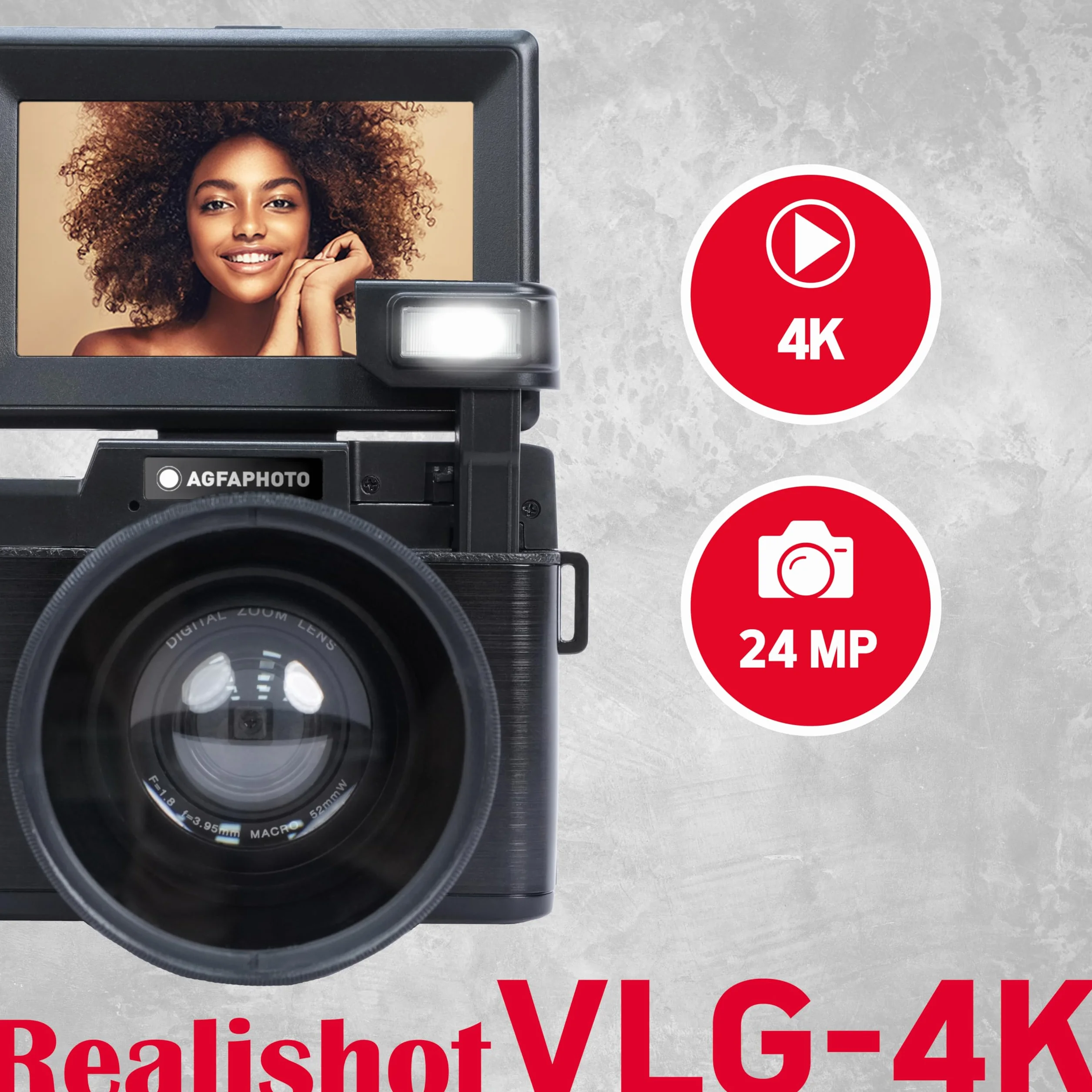 AgfaPhoto Realishot VLG-4K Zestaw Vlogging - kamera 24 MP, wideo 4K, 3-calowy ekran LCD, 16-krotny zoom cyfrowy, czujnik CMOS, bateria litowa - czarny