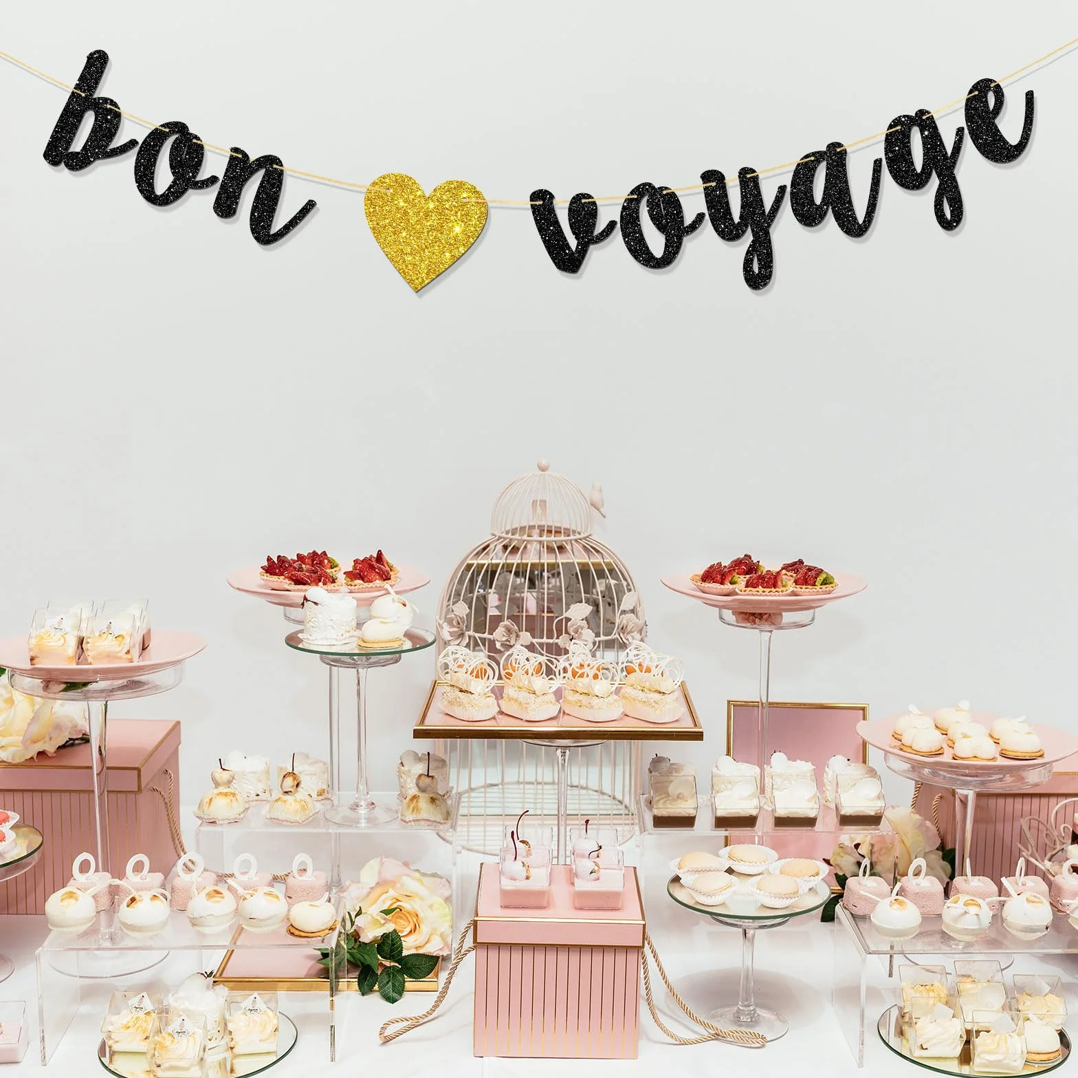 Bannière Bon Voyage – Banderole de fanions de fête thème voyage – The Adventure Begin – Décorations adieu – Paillettes noires