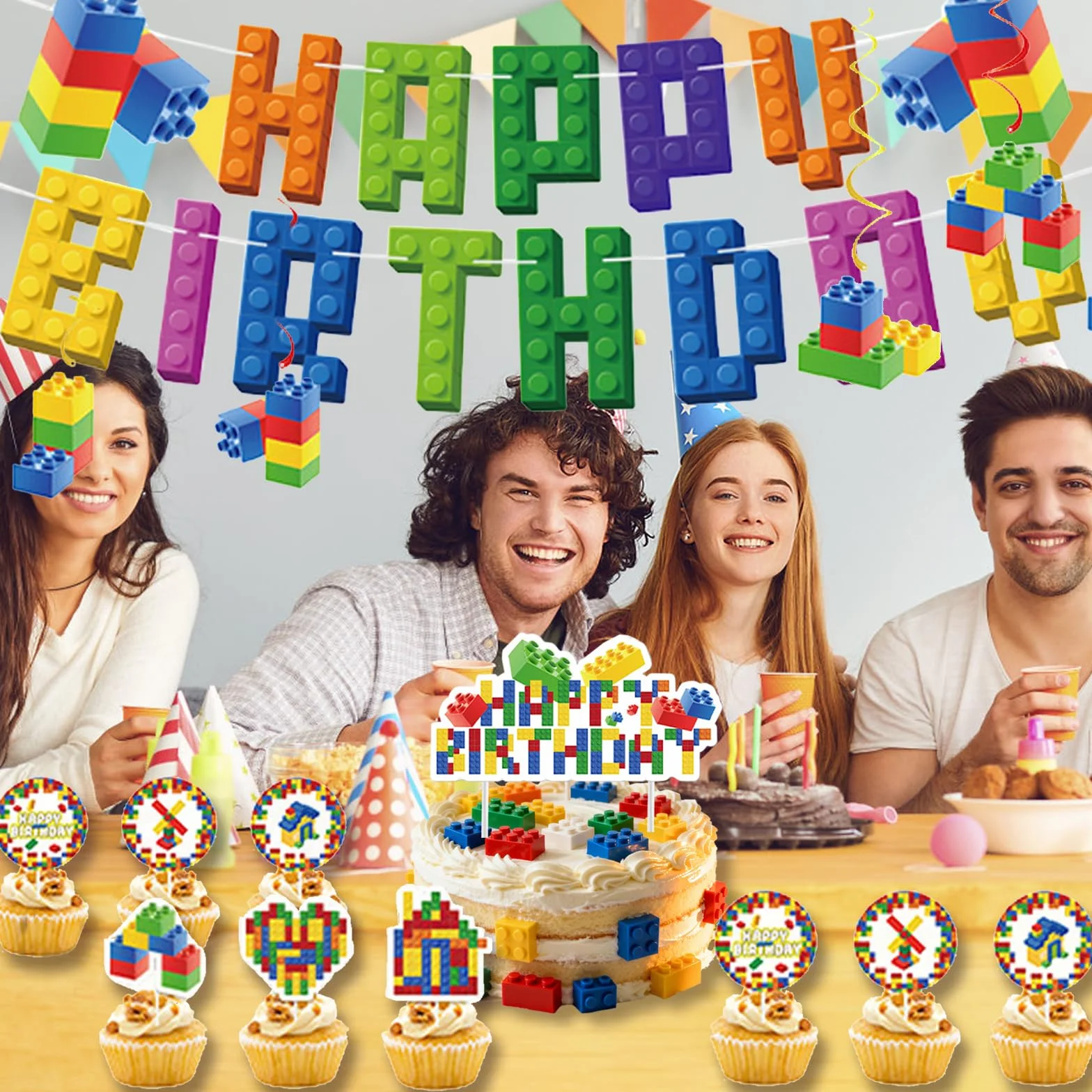 Guirlande Happy Birthday Briques de construction Décoration de fête suspendre Spirale Drapeau tirer Bannière