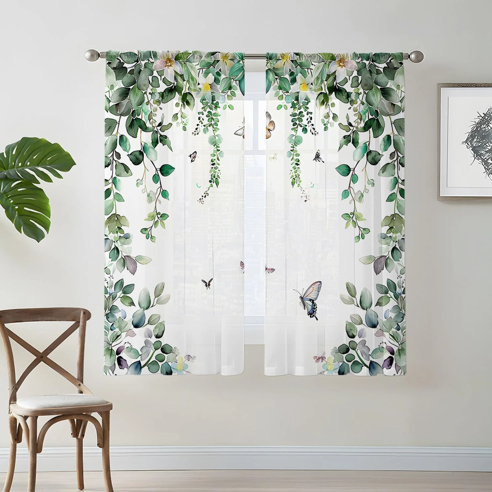 Rideau Voilage Semi Occultant Feuille Verte 3D avec Passe Tringle 2 Pièces Fenetre Décoration Salon Chambre