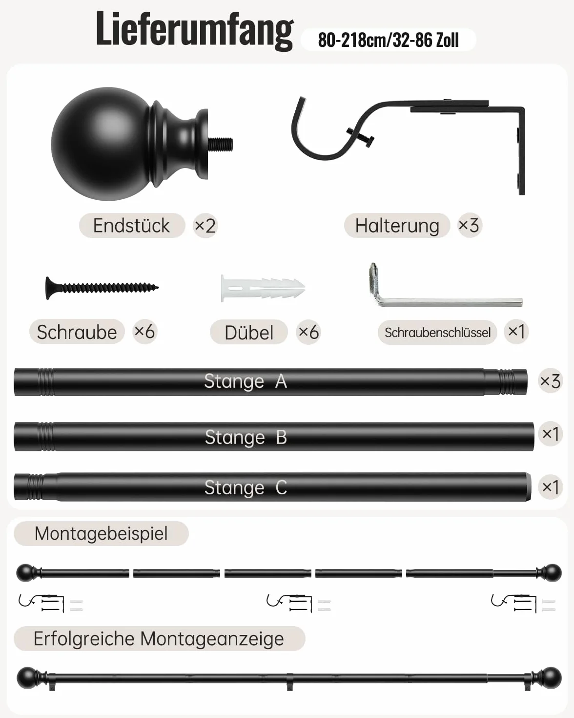Tringle à Rideaux Extensible 80-218 cm 25 mm avec Embouts Ronds et Supports Noir