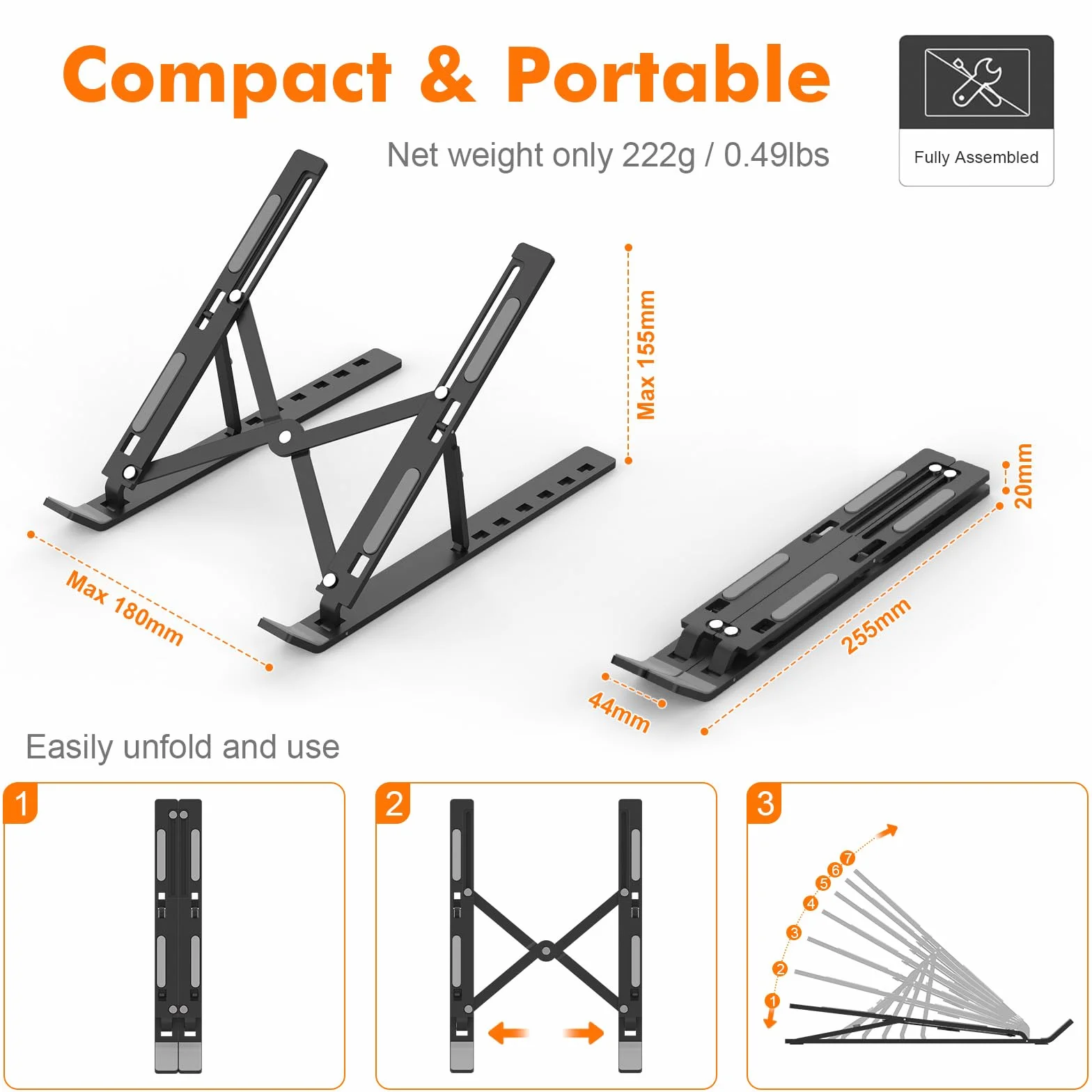 GRIFEMA Support Ordinateur Portable Réglable 7 Angles, Pliable en Aluminium pour 10-15.6'' Laptops
