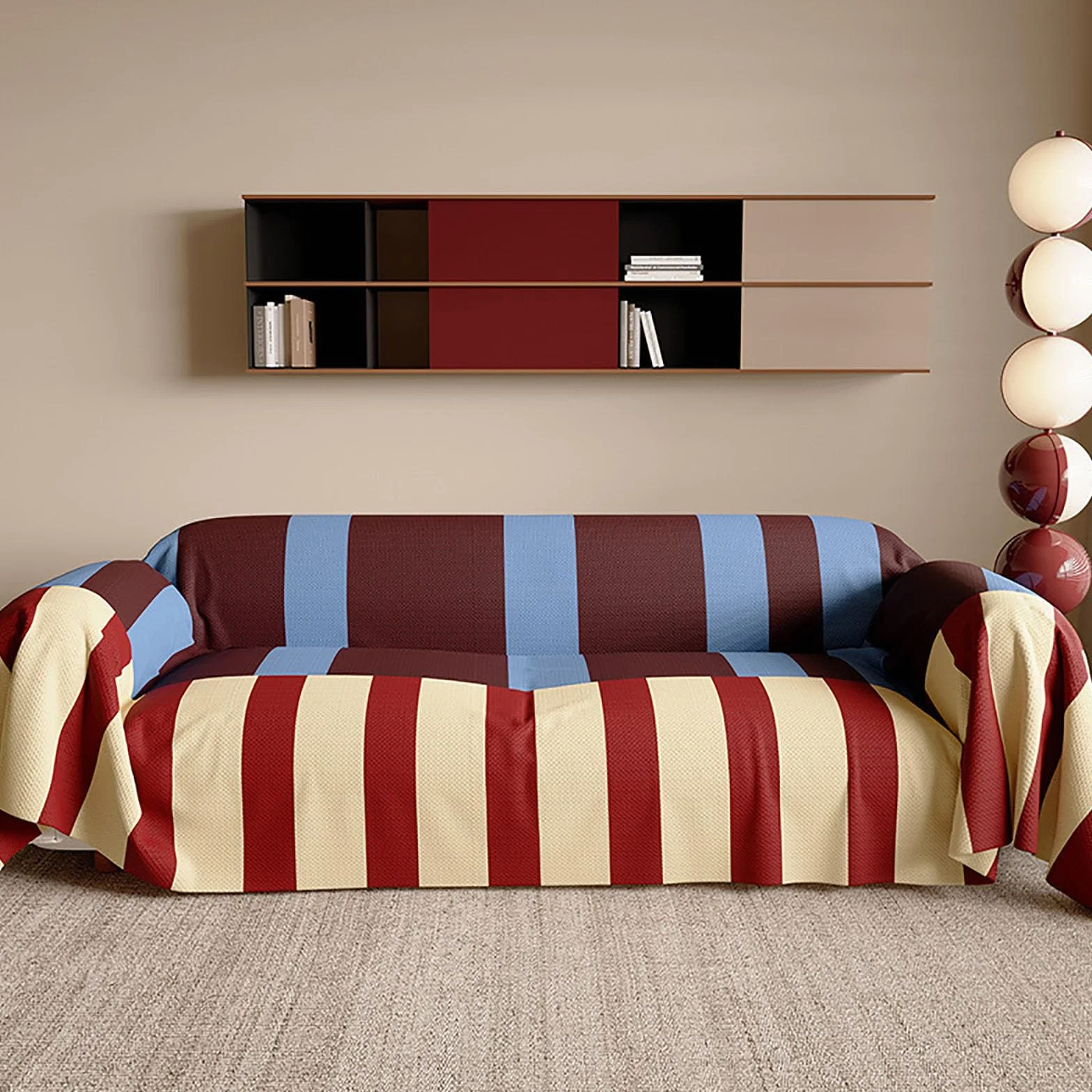 Housse de canapé à rayures rétro en faux lin lavable 180x260cm pour sectionnelle causeuse bleu et rouge