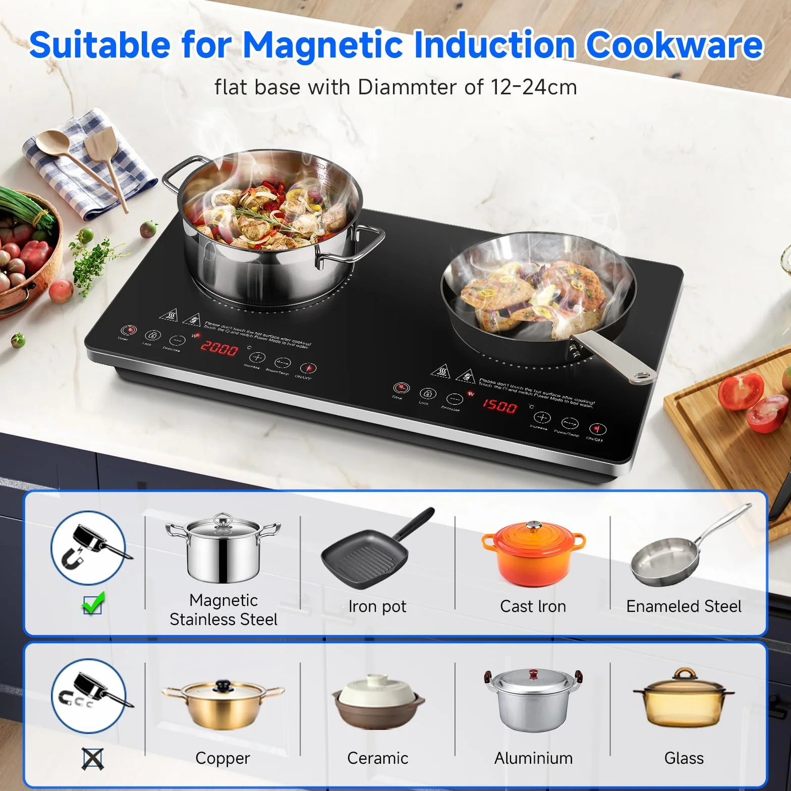 AMZCHEF Plaque Induction 2 Feux, Plaque Induction Portable 2 Feux 3500W avec Commandes Indépendantes, 20 Niveaux de Température, Plusieurs Réglages de Puissance, IGBT Amélioré, Minuterie 4 Heures
