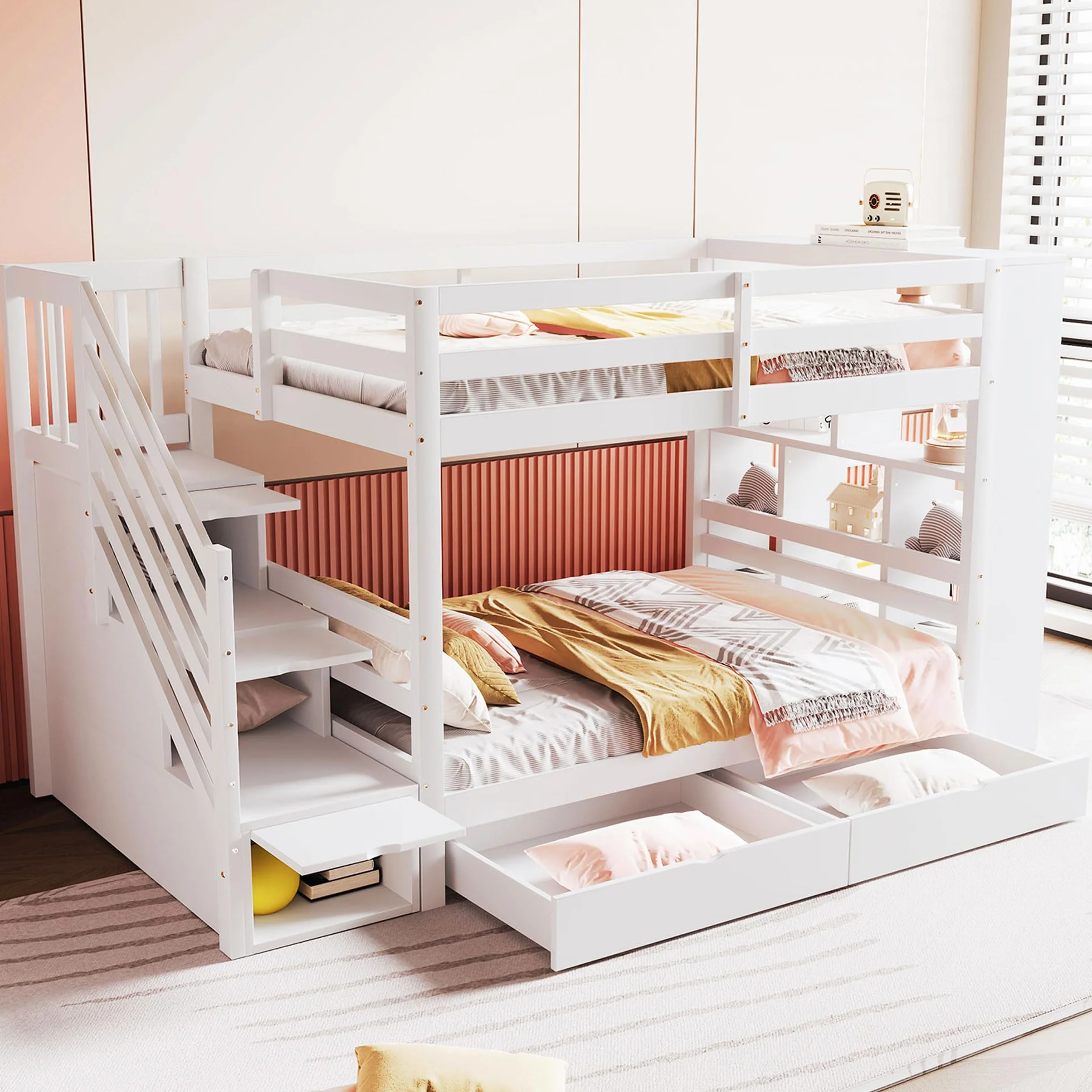 Sapgaks Lit superposé Enfant avec tiroirs et Grands casiers,Lit Enfant 90x200 cm avec échelle de Rangement,lit cabane Enfants avec clôture Haute,avec sommier à Lattes (C-Blanc)
