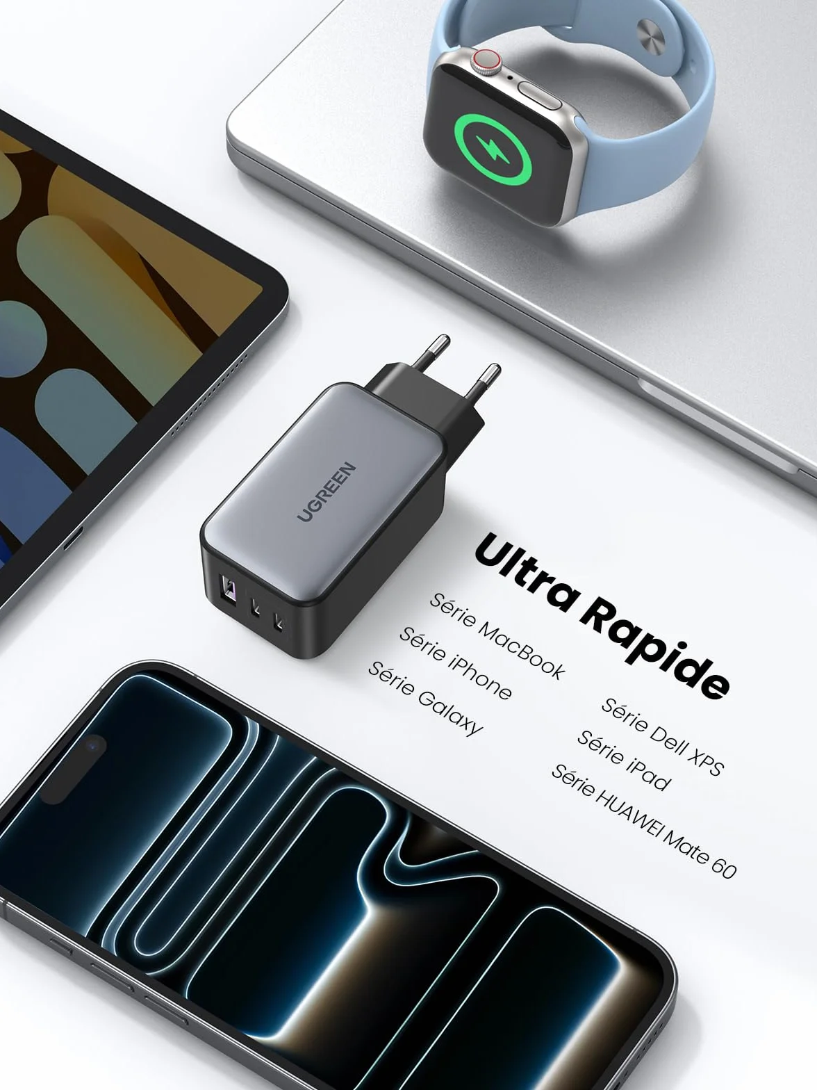UGREEN Nexode 65W Chargeur USB C Rapide 3 Ports GaN Compatible iPhone 17 Pro Max Air 16 15 14 13 12 Galaxy S26 S25 S24 A16 Pixel 10 9 iPad MacBook Air Pro Neo M5 M4 M3 M2 M1 Noir