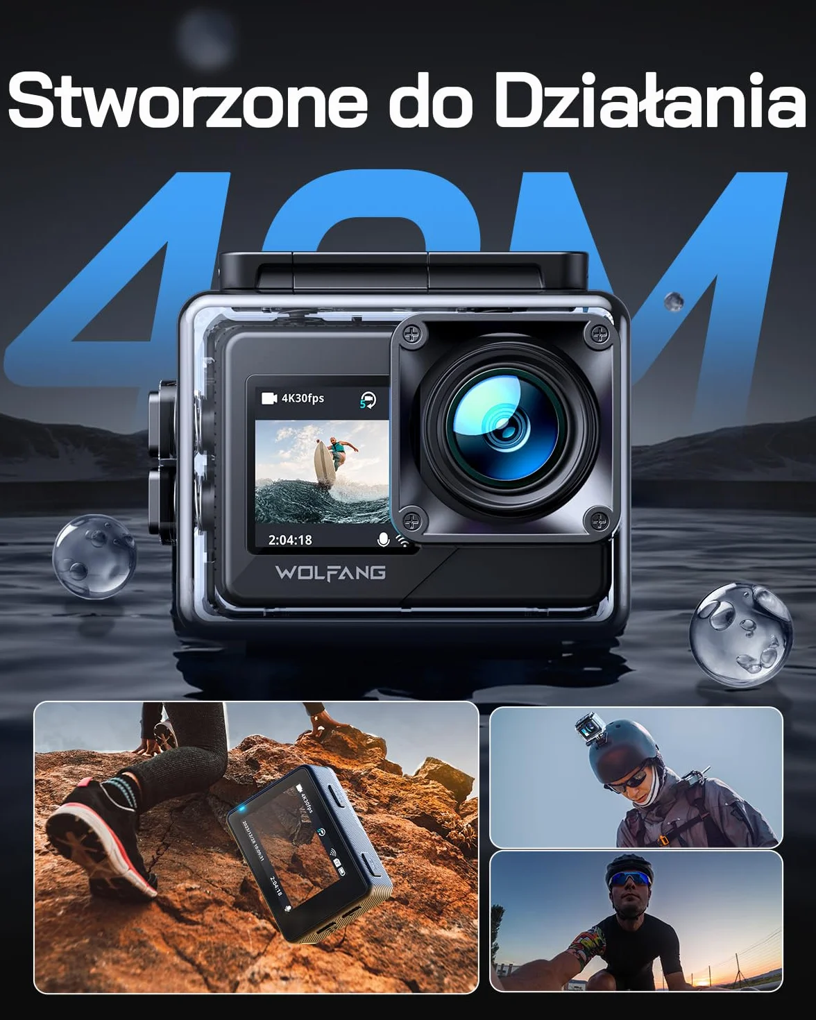 WOLFANG GA120 4K kamera sportowa 20 MP, wodoodporna kamera podwodna 40 m do nurkowania, szerokokątna kamera WiFi 170° z podwójnym ekranem do vlogowania z EIS, zewnętrznym mikrofonem, pilotem zdalnego