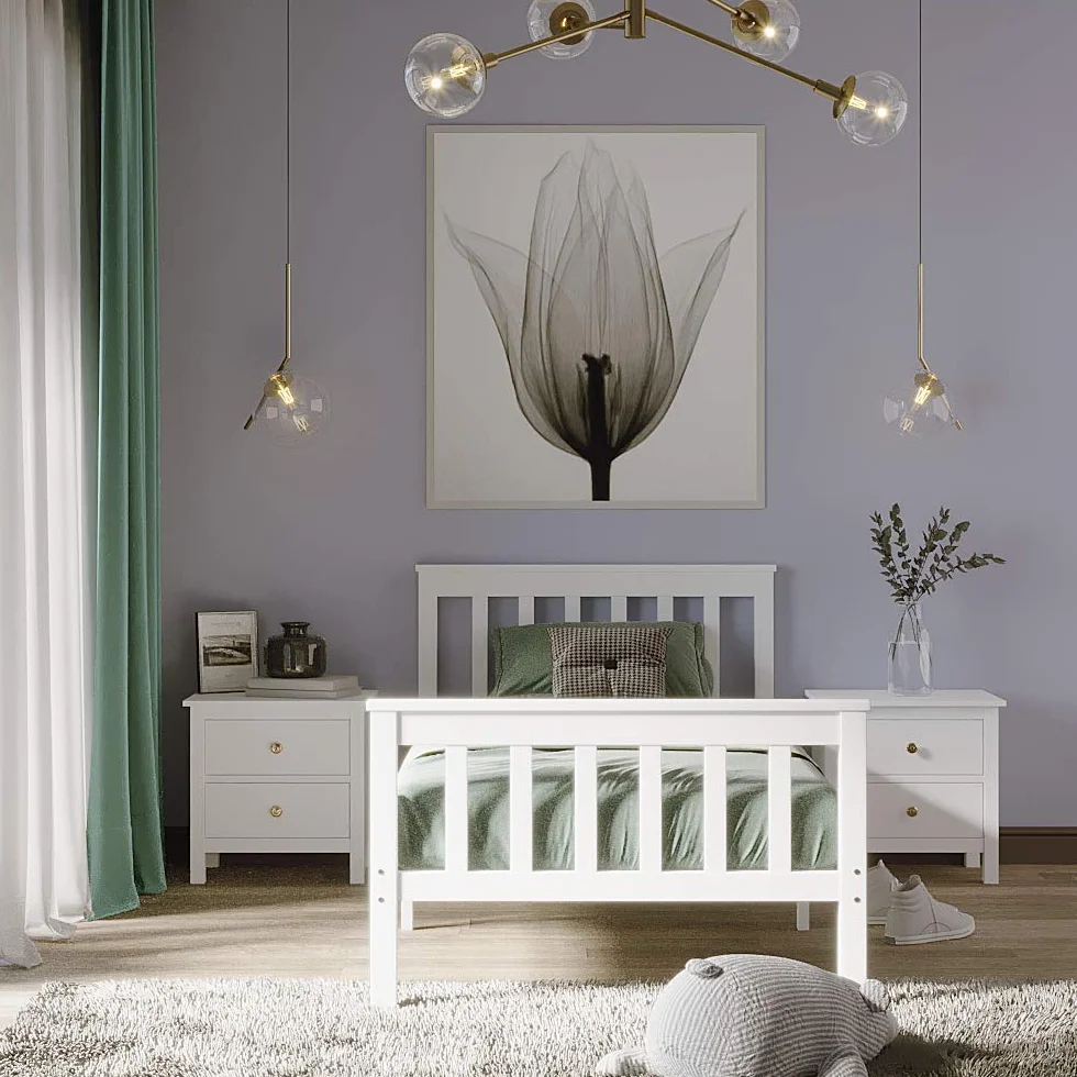 Lit Simple en Bois Blanc 98x196cm, Cadre de Lit pour Enfant/Adulte avec Sommier à Lattes, Lit de Chambre Moderne, Charge Maximale 150kg, Convient aux Matelas 90x190cm (Blanc)