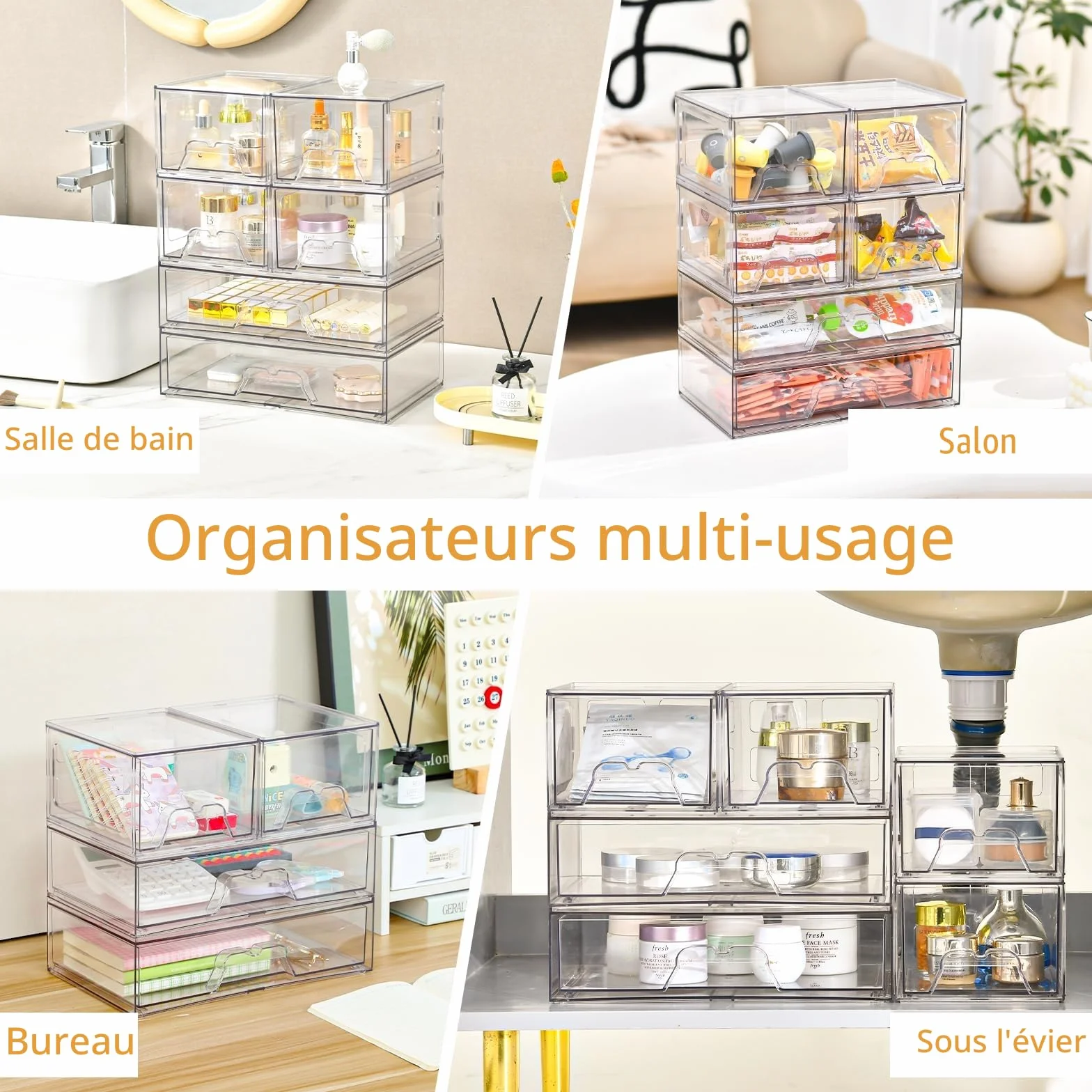 Lot de 4 Empilables Rangement Tiroir Organisateur Tiroir Salle de Bain en Acrylique Transparent Rangement Coiffeuse Organisateur,Idéal Pour La Organisateur Maquillage