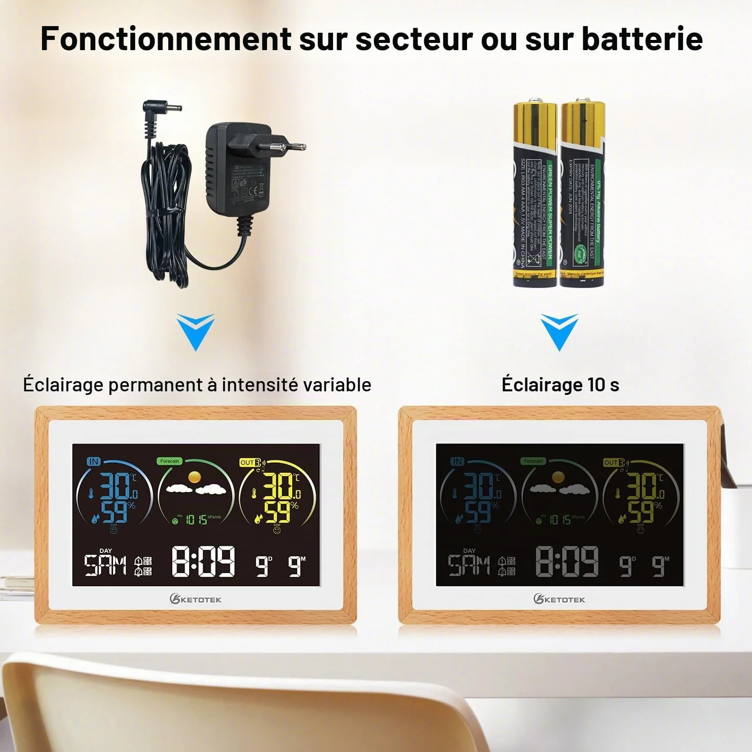 KETOTEK Station Météo Sans Fil avec Capteur Extérieur Thermomètre Hygromètre Horloge Radio-pilotée DCF Prévisions Réveil Rétro-éclairage