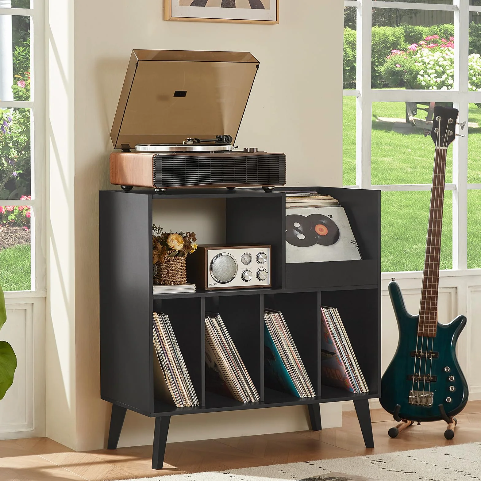 Großer Plattenständer mit Aufbewahrung,Plattenspieler-Ständer mit Ablage,Vinylplatten-Halterung mit Präsentationsfläche,Plattenständer für bis zu 300 Alben, Plattenregal für Musikzimmer und Wohnzimmer