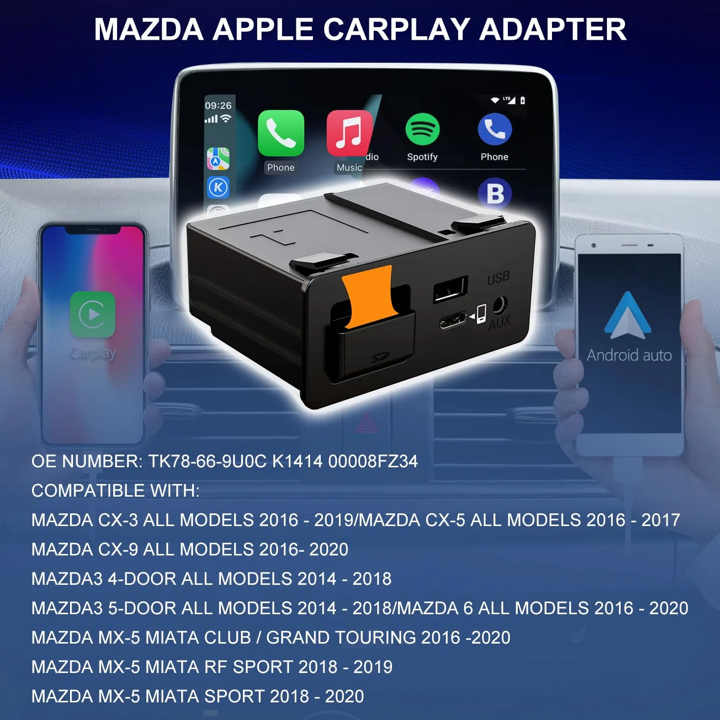 Zestaw Mazda Type-C Carplay i Android Auto Upgrade, TK78-66-9U0C OEM Media Hub dla systemu MZD CONNECT, dla Mazdy 3/6/CX3/CX5/CX9/MX5 2014-2020 (obsługa szybkiego ładowania typu c)