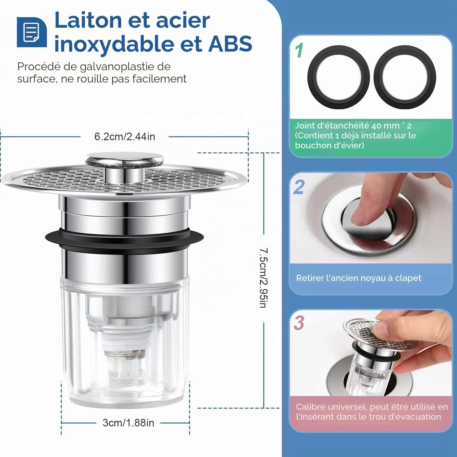 Bonde de Lavabo Universel 32-42mm, Bouchon Pop-Up Anti-Clogging et Anti-Odeur pour Salle de Bain Cuisine