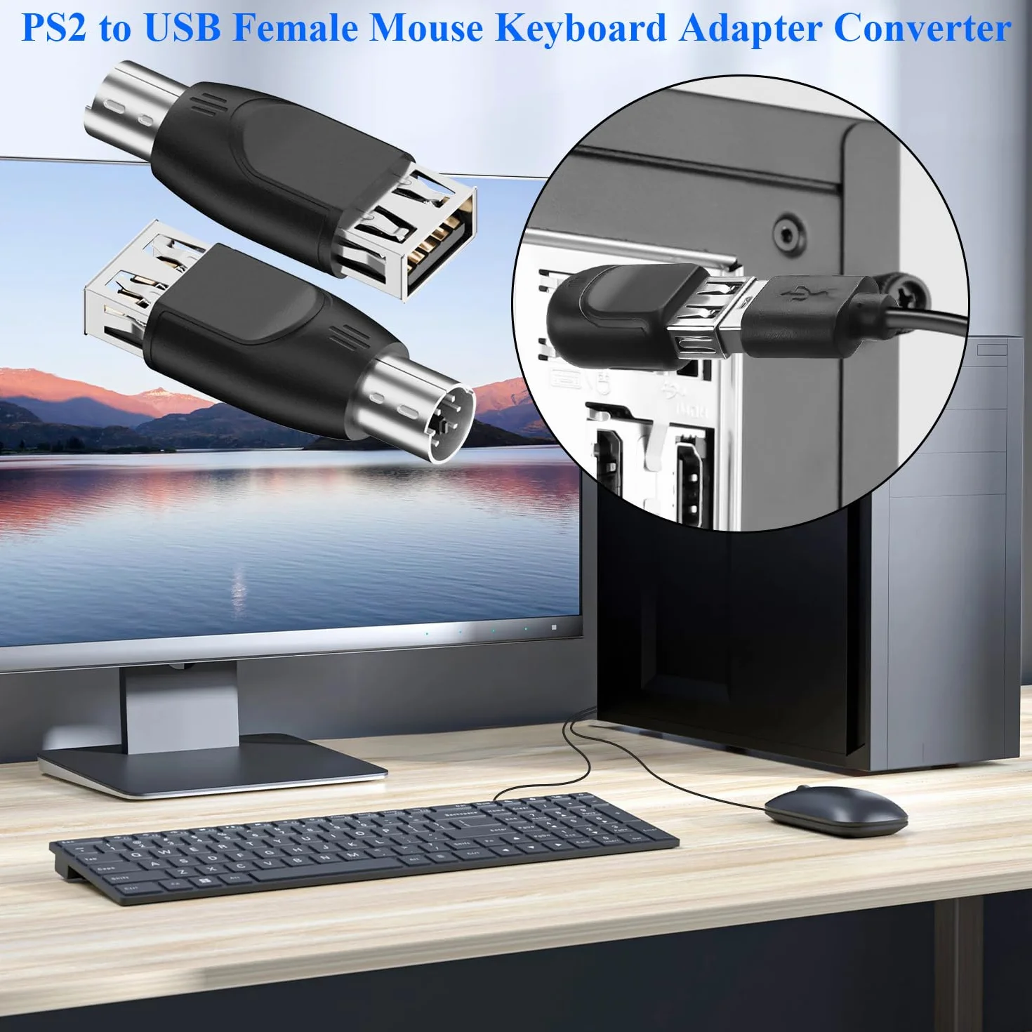 Adaptateur PS/2 vers USB A Femelle Convertisseur PS2 Mâle vers Type A Socket Connecteur 2 Pcs