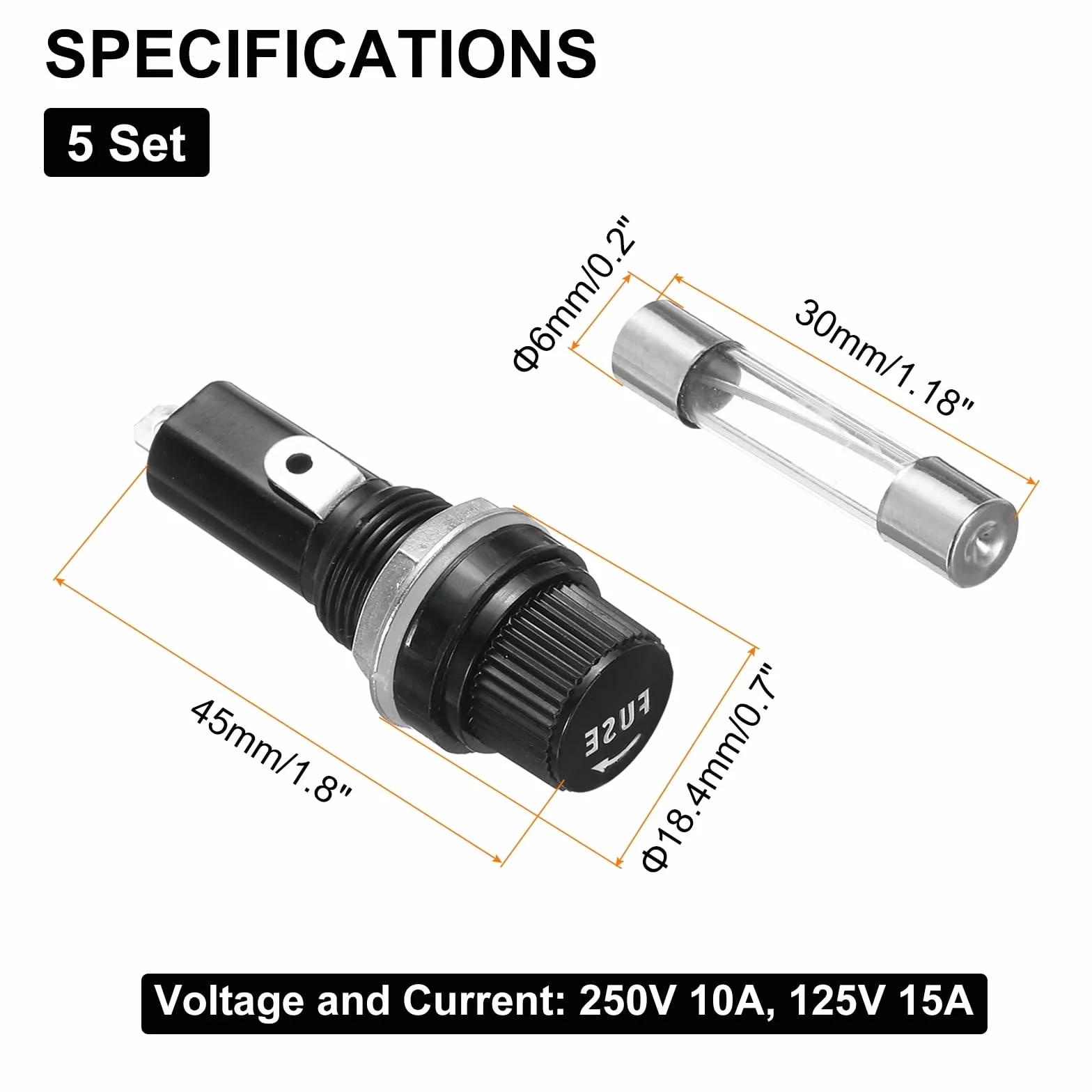 QUARKZMAN 5 sztuk montowanych na panelu, bezpieczników 45 x 18,4 mm, 250 V, 125 V, 20 A, z nakrętką i 5 sztuk 6 x 30 mm szybkich rur bezpiecznikowych