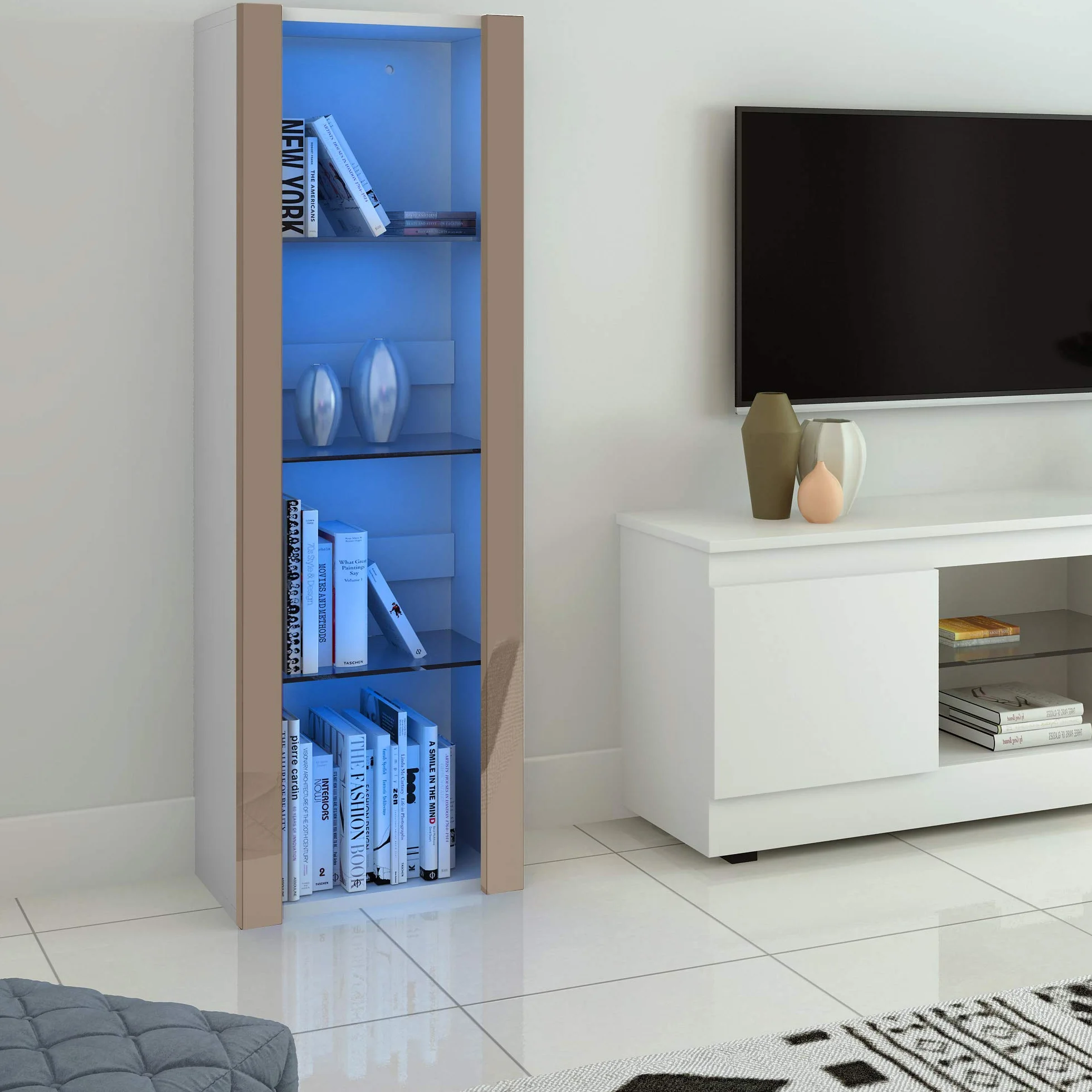 Panana Vitrine Lumières LED Meuble de Rangement avec Etagères sur Salon, Bureau, 55 x 35 x 166 cm (Gris+Blanc)