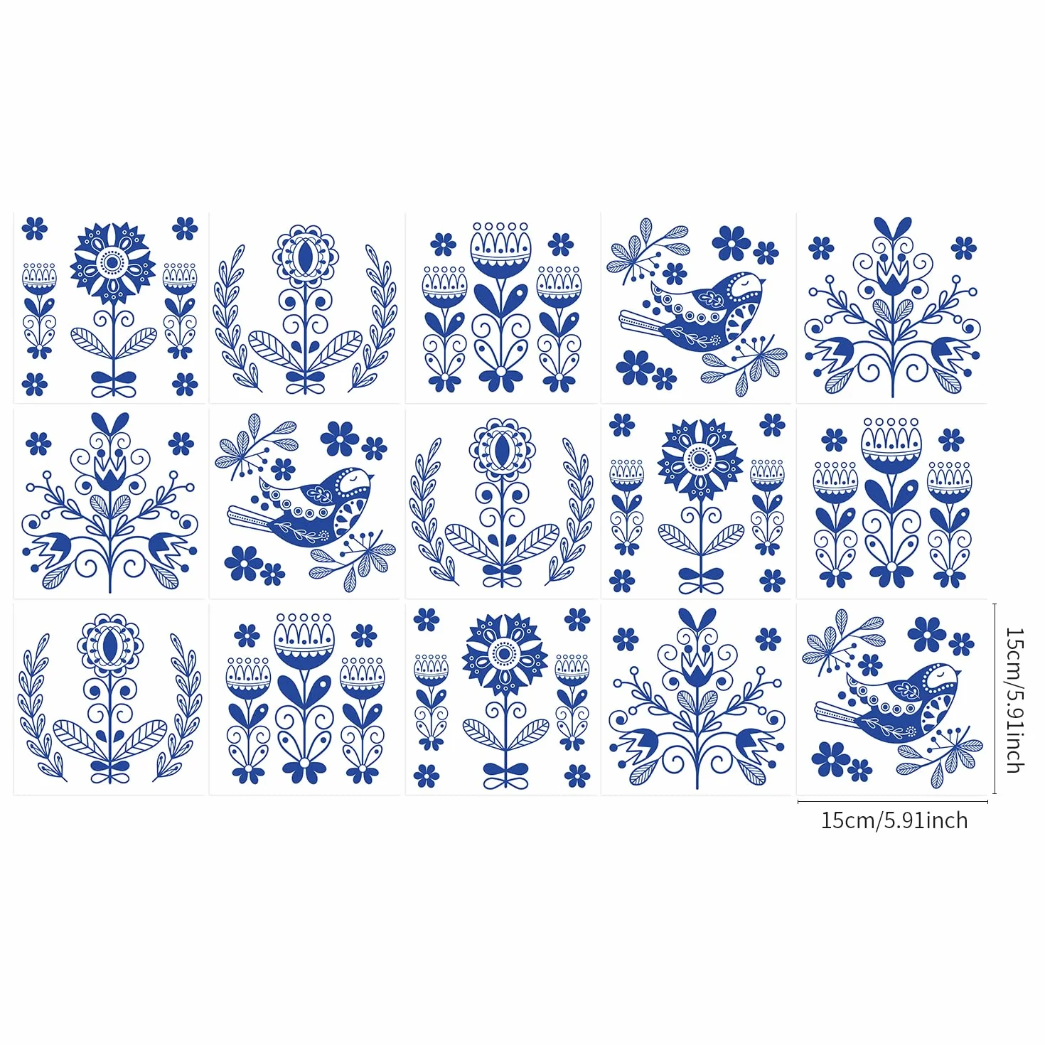 Ulticool Stickers étanches autocollants pour carrelage Vase de fleurs bleu de Delft 15x15 cm Lot de 15