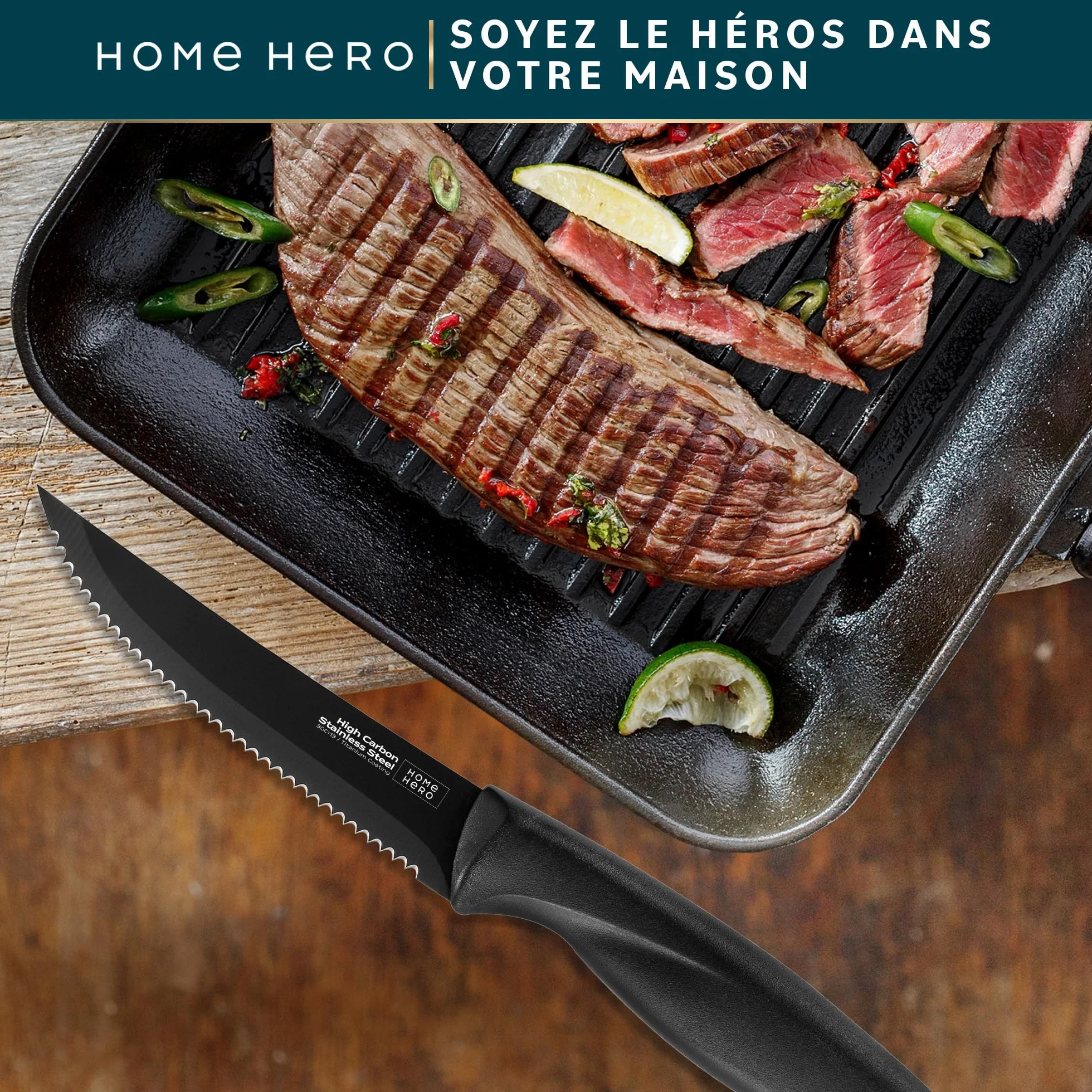 Couteaux à Steak Acier Inoxydable Lame Dentelée 21 cm Lot de 8 Noir - Couteaux de Table Viande