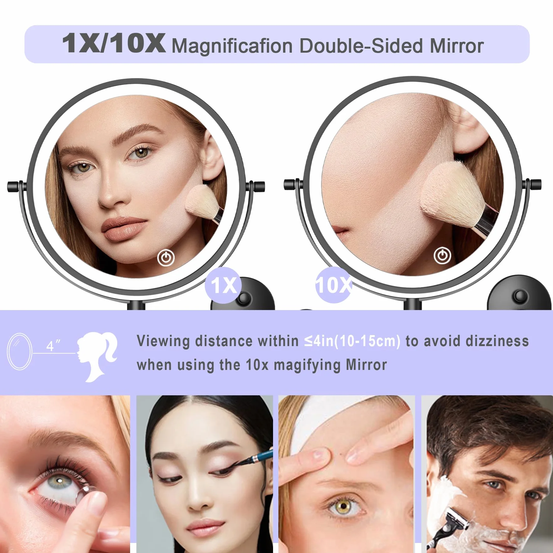 Miroir Grossissant Lumineux De 8" avec LED Grossissant Lumineux Mural X 10 pour Coiffeuse D'hôtel, Salle De Bain Et Rasage Rechargeable par USB,Miroir Mural Salle De Bain (noir-10X)