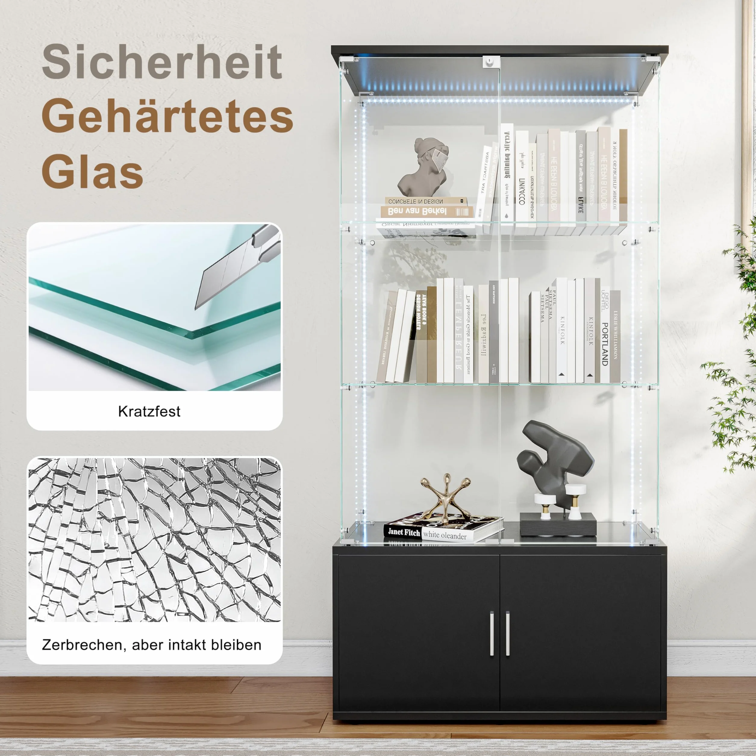 Vitrine d'exposition en verre noir avec 4 étages, vitrines en verre avec serrure, 78,5 × 35 × 164 cm, vitrine en verre vitrine salon avec LED vitrines d'exposition, noir