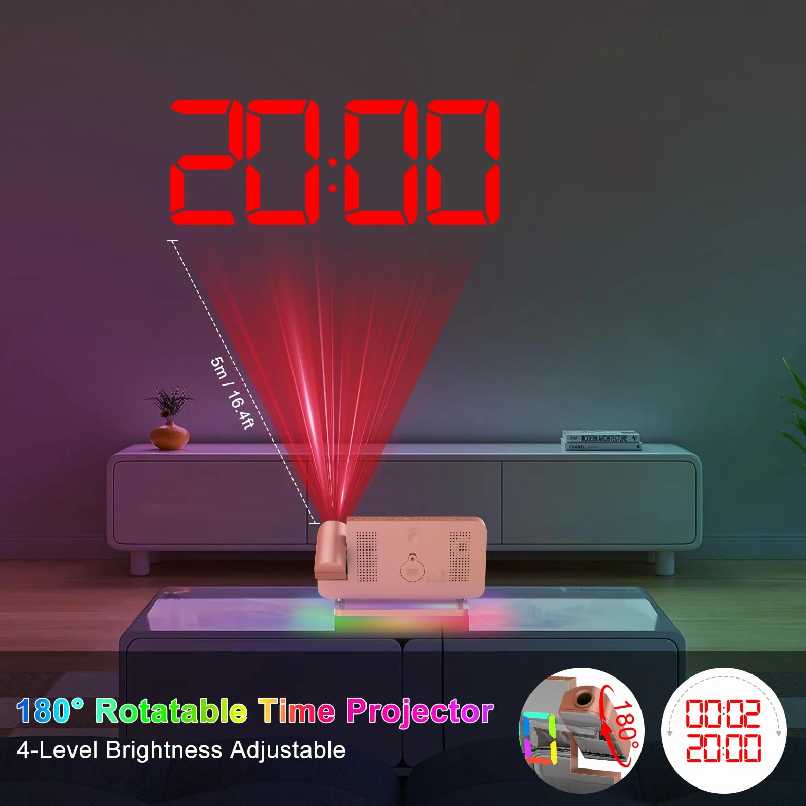Euakee Réveil Numérique LED Miroir 7.4" Projecteur Rotatif 180° Chargeur USB-C Veilleuse 10 Couleurs