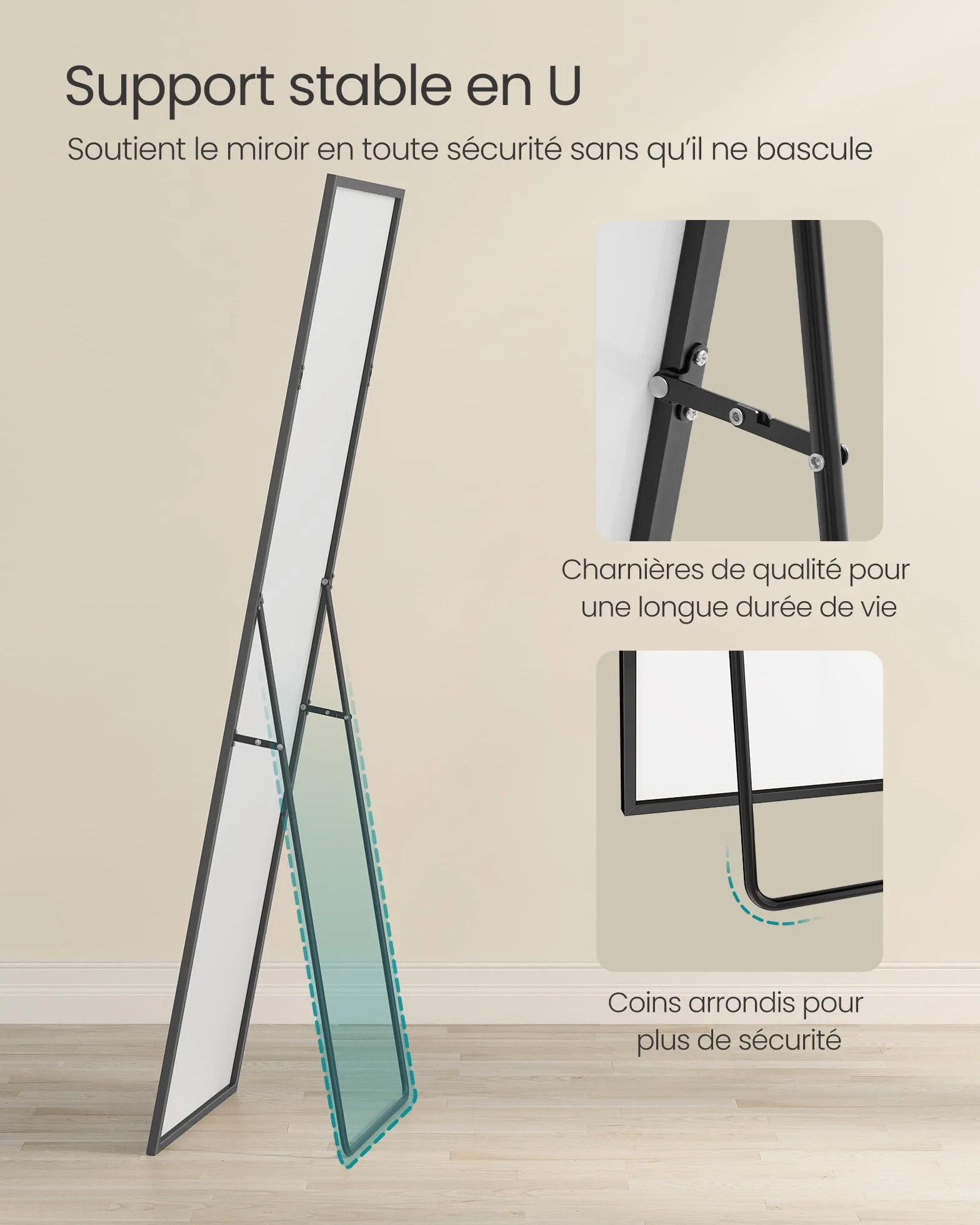 SONGMICS Miroir Intégral, Miroir Rectangulaire sur Pied, à Poser au Sol, Cadre en Alliage d’Aluminium, Verre Trempé, pour Chambre, Salon, Dressing, Coins Droits, 160 x 50 cm, Noir d'encre LFM050BD01