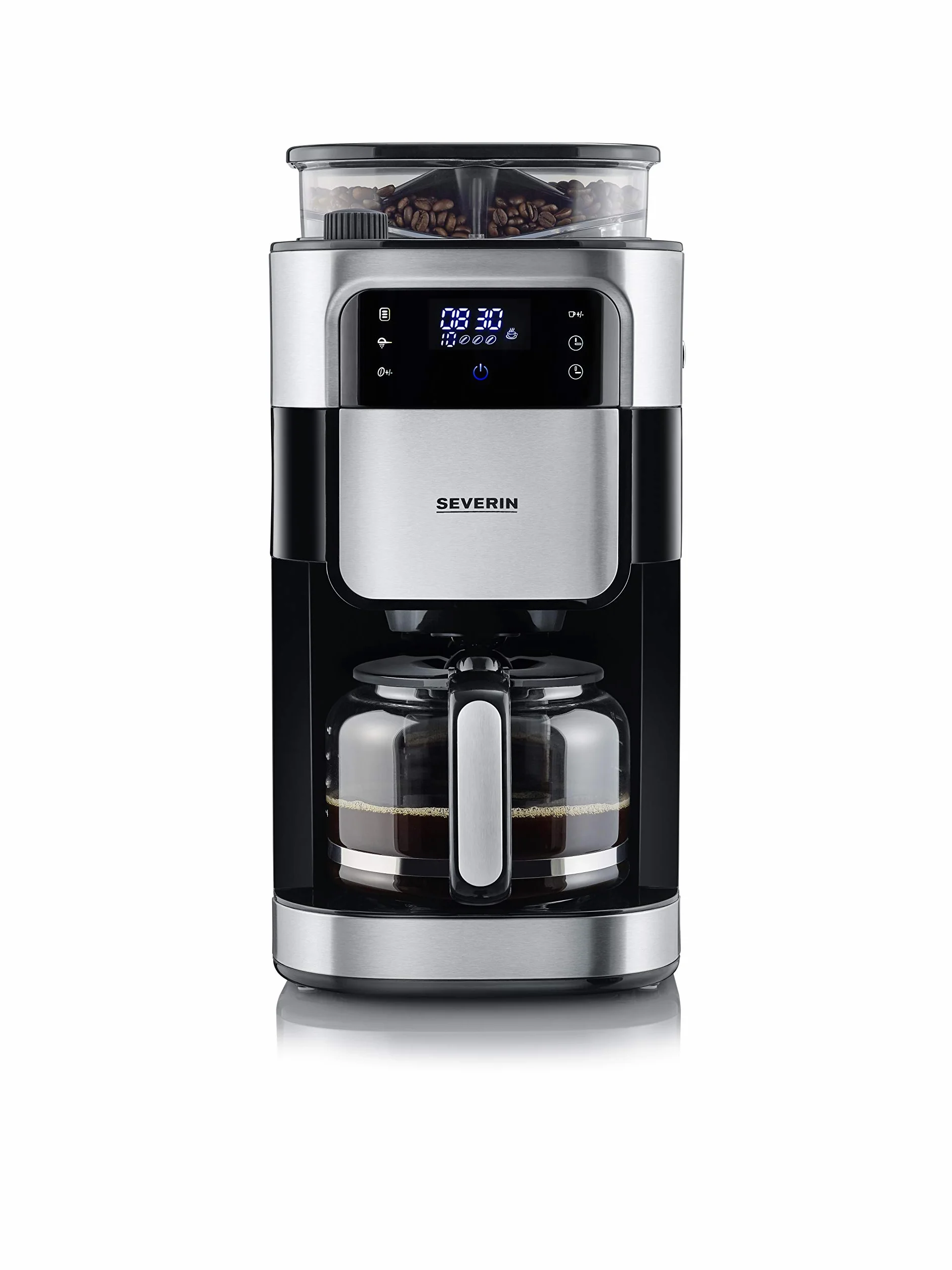 SEVERIN Cafetière Filtre Avec Broyeur, 1 000W, 1,4L, Jusqu'à 10 tasses, Sélecteur d'arôme, Ecran tactile, Inox Brossé/Noir,KA 4813, 43.50