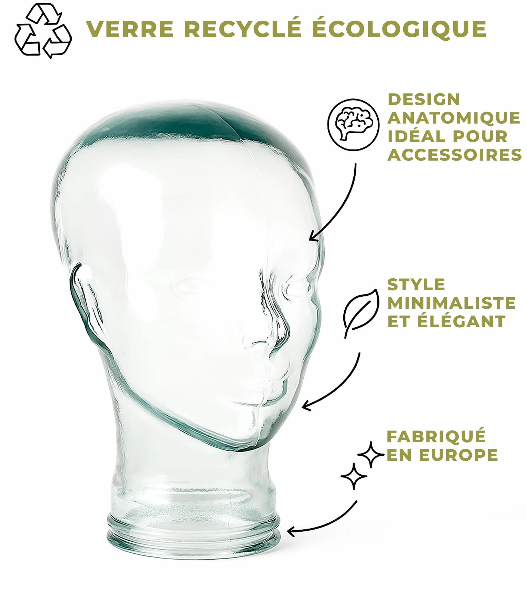 Tête de Mannequin décorative en Verre recyclé - Présentoir pour Accessoires