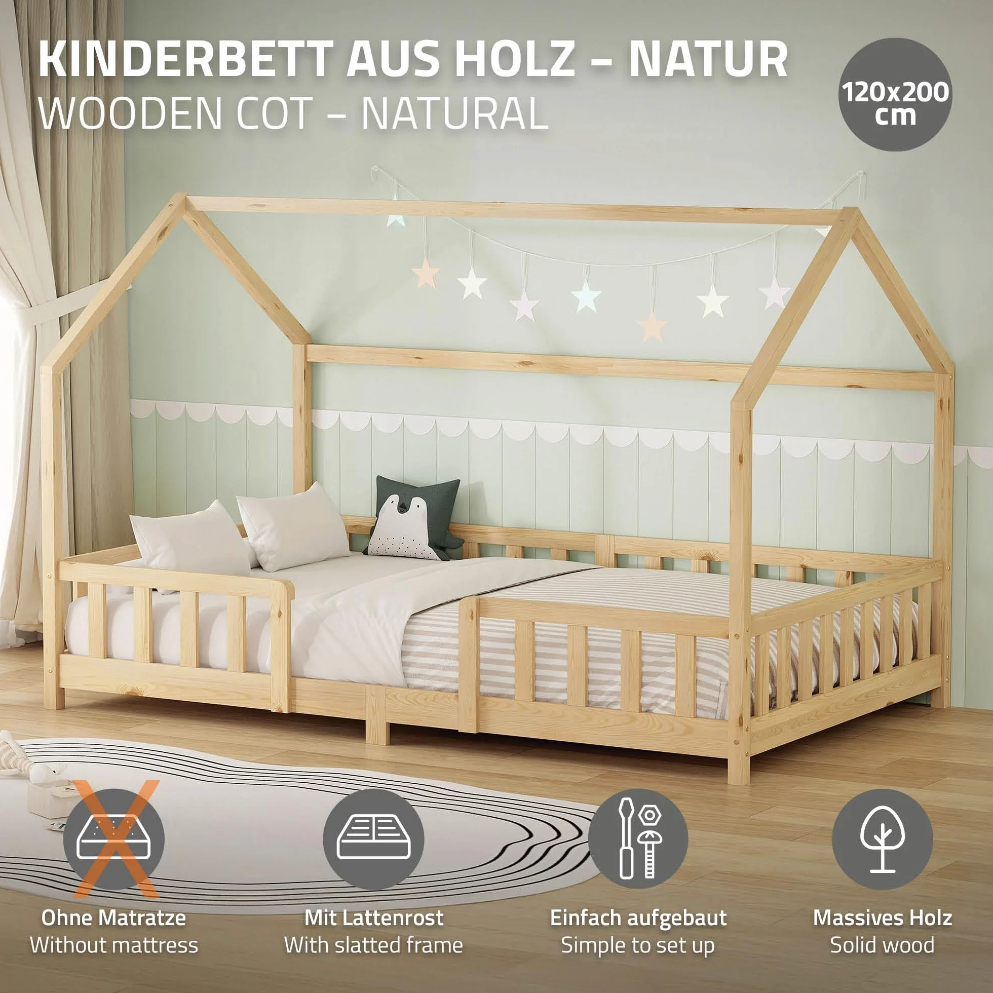 ML-Design Lit Cabane Enfant 120x200 cm Naturel (Beige) en Bois avec Protection Étendue Anti-Chute, Toit et Sommier à Lattes, Style Maison, Couchage Maisonnette Lit Double pour Adolescent Fille Garçon