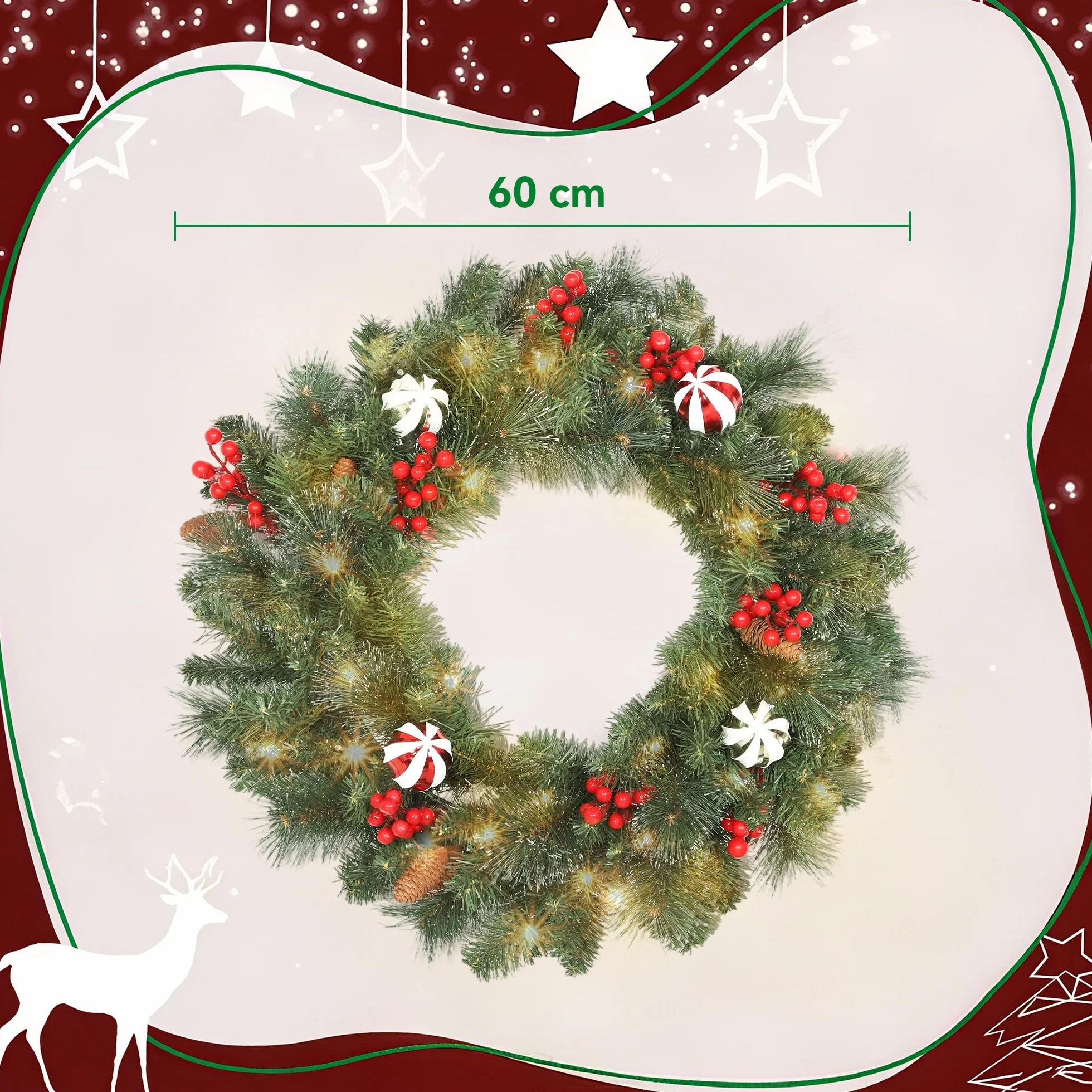 HOMCOM Couronne de Noël Lumineuse 60 cm avec 50 LED Blanc Chaud, minuterie, Couronne de Noël de Porte d'entrée, 146 Pointes, Pommes de pin, Baies, Boules décoratives, pour Porte, Mur, cheminée, Vert