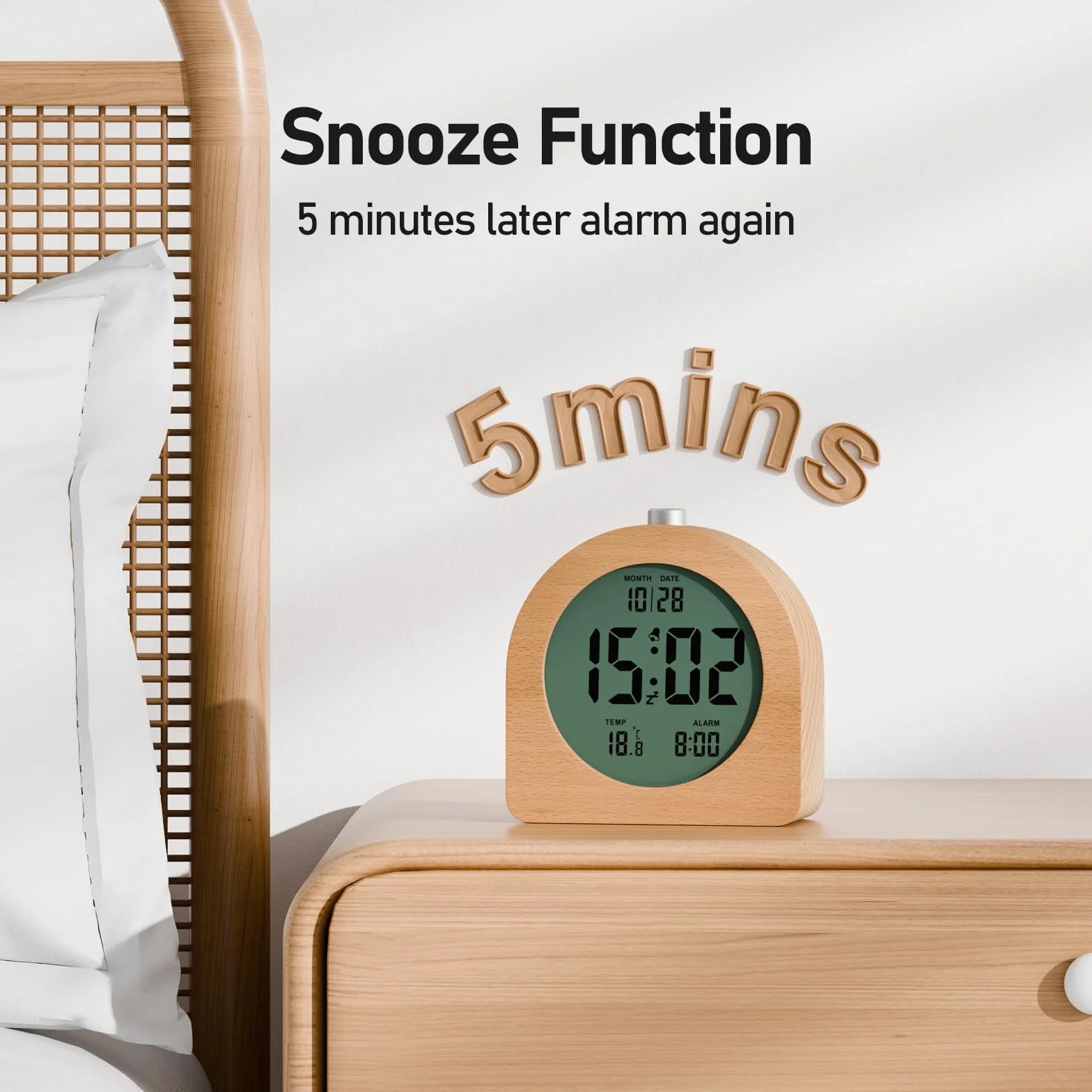 Réveil Numérique en Bois avec Écran LCD, Fonction Snooze, Affichage Date et Température, 12/24H