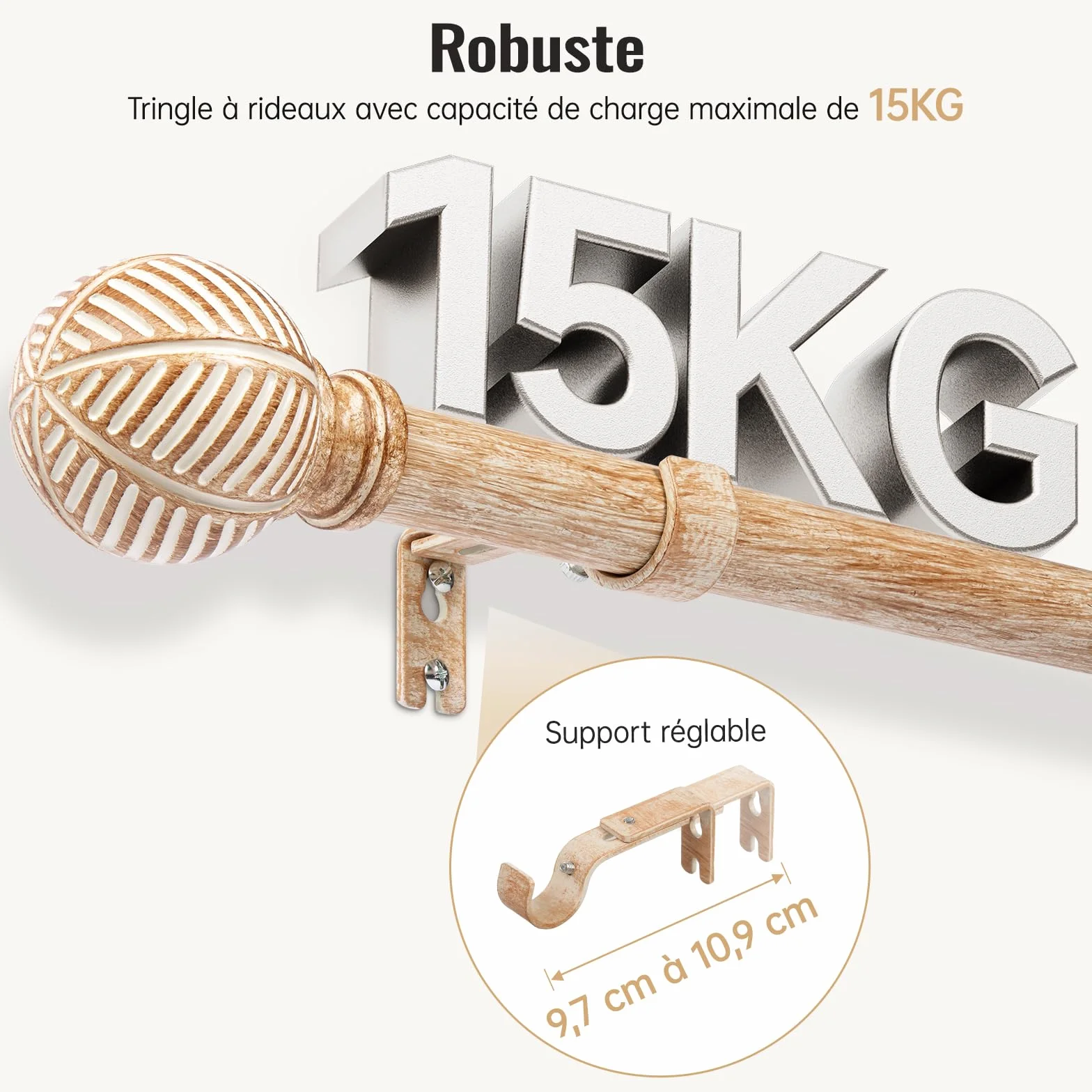 Tringle à rideaux en bois 76-219 cm 25 mm réglable motif imitation feuilles de céréales Brun