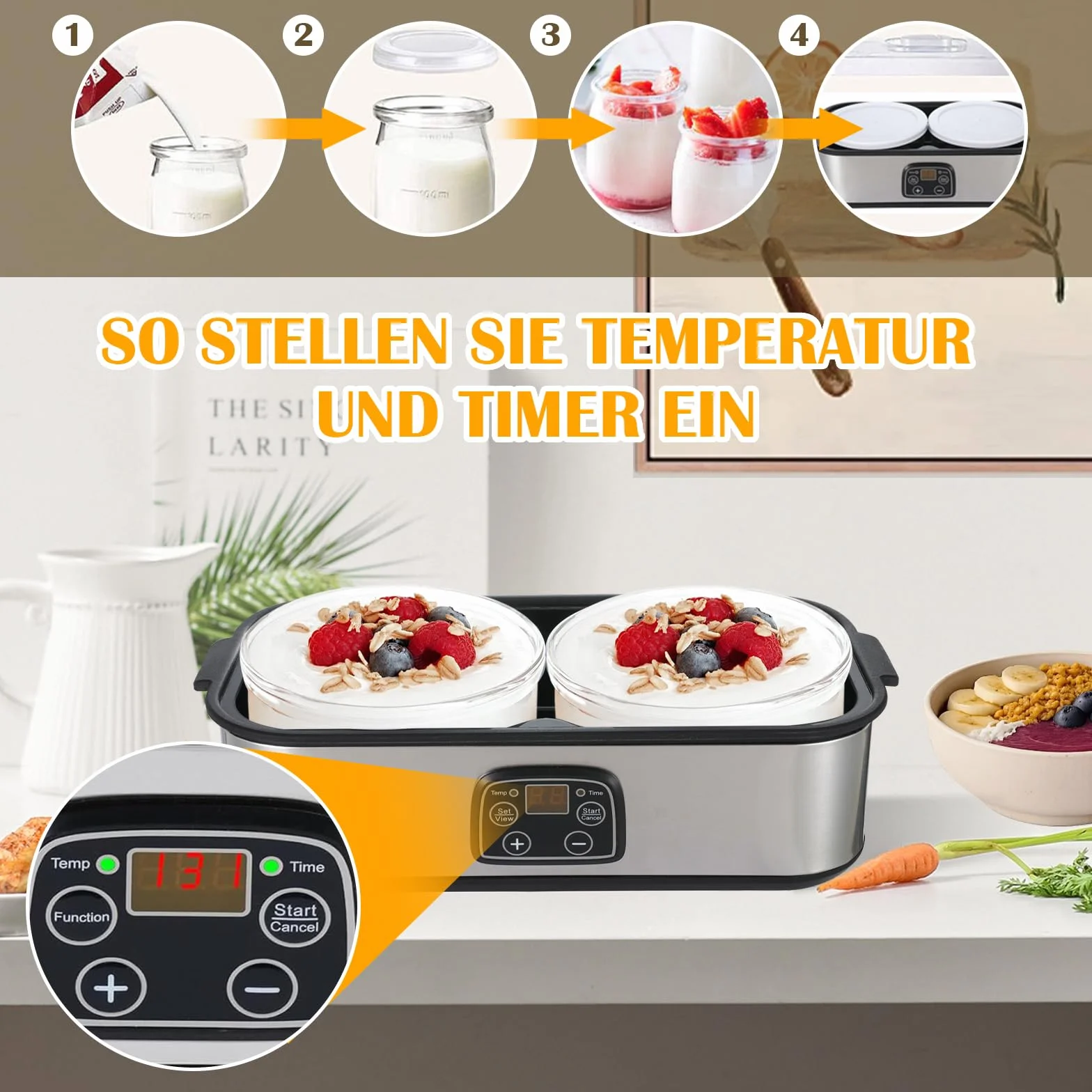 Yaourtière 2 litres Machine à yaourt numérique automatique avec 2 verres, yaourtière avec minuterie et contrôle de la température, yaourtière pour yaourt grec, fromage, natto, vin de riz, argent, 2 l