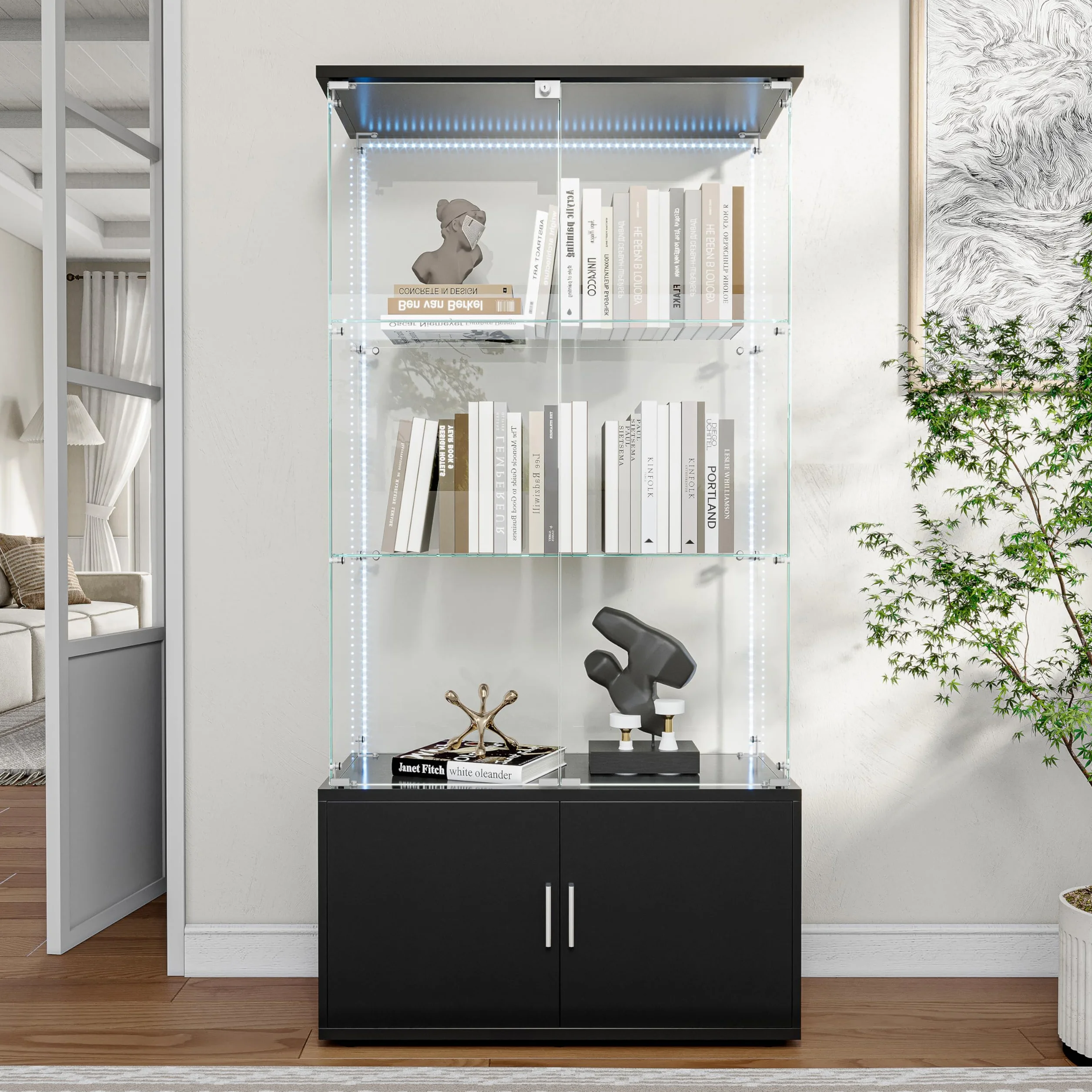 Vitrine en Verre avec 3 étagères et LED, Vitrine en verre sur pied avec 2 Portes et Base de Casier, Meuble Vitrine Verre pour Collection, pour Salon, Chambre, 78.5x35x164 cm (Noir + Bande LED)