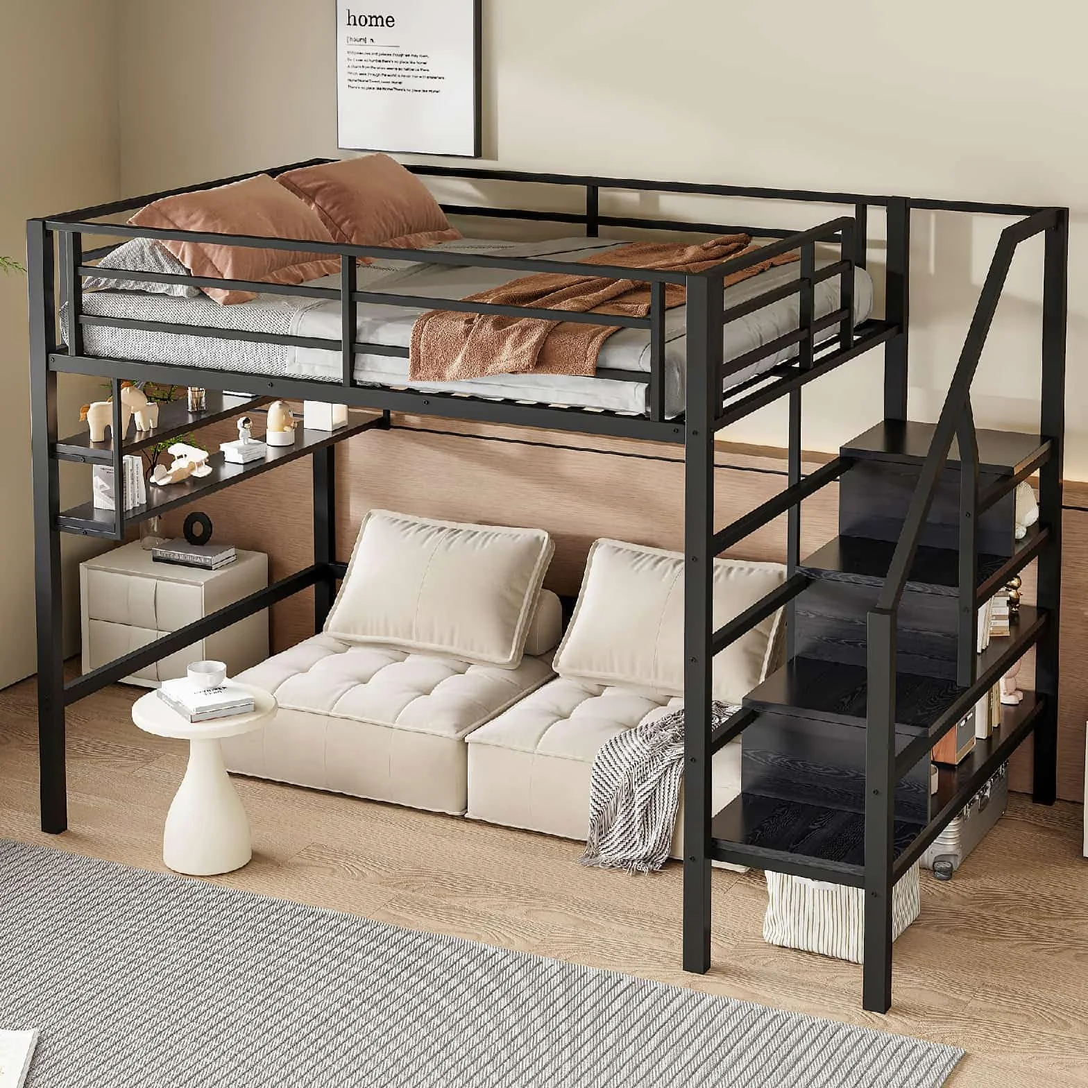 PUGSDRLY Lit Mezzanine 2 Place,Lit Mezzanine Enfant 140x200cm,lit superposé avec Escalier de Rangement et étagères,Design de Clôture Haute,pour Enfant et Adolescent (Noir)