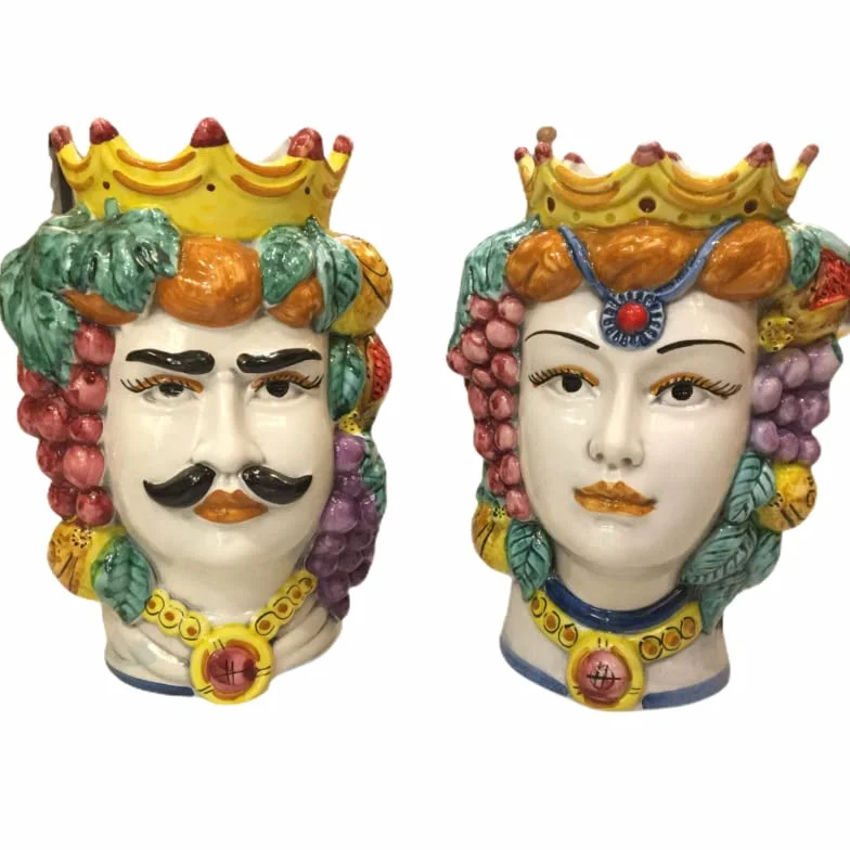 Céramique Caltagirone Tête Sicilienne Marron Foncé 18 cm avec Couronne et Fruit